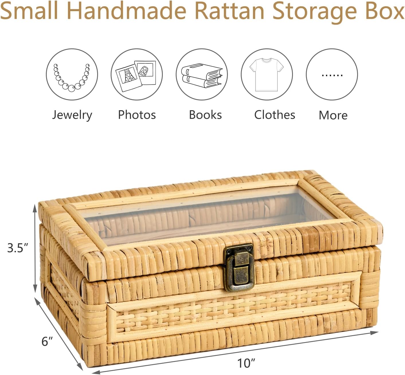 Clear Lid Wooden Frame Decorative Handmade Boho Woven Rattan Wicker Baskets Cane / Small / Natural