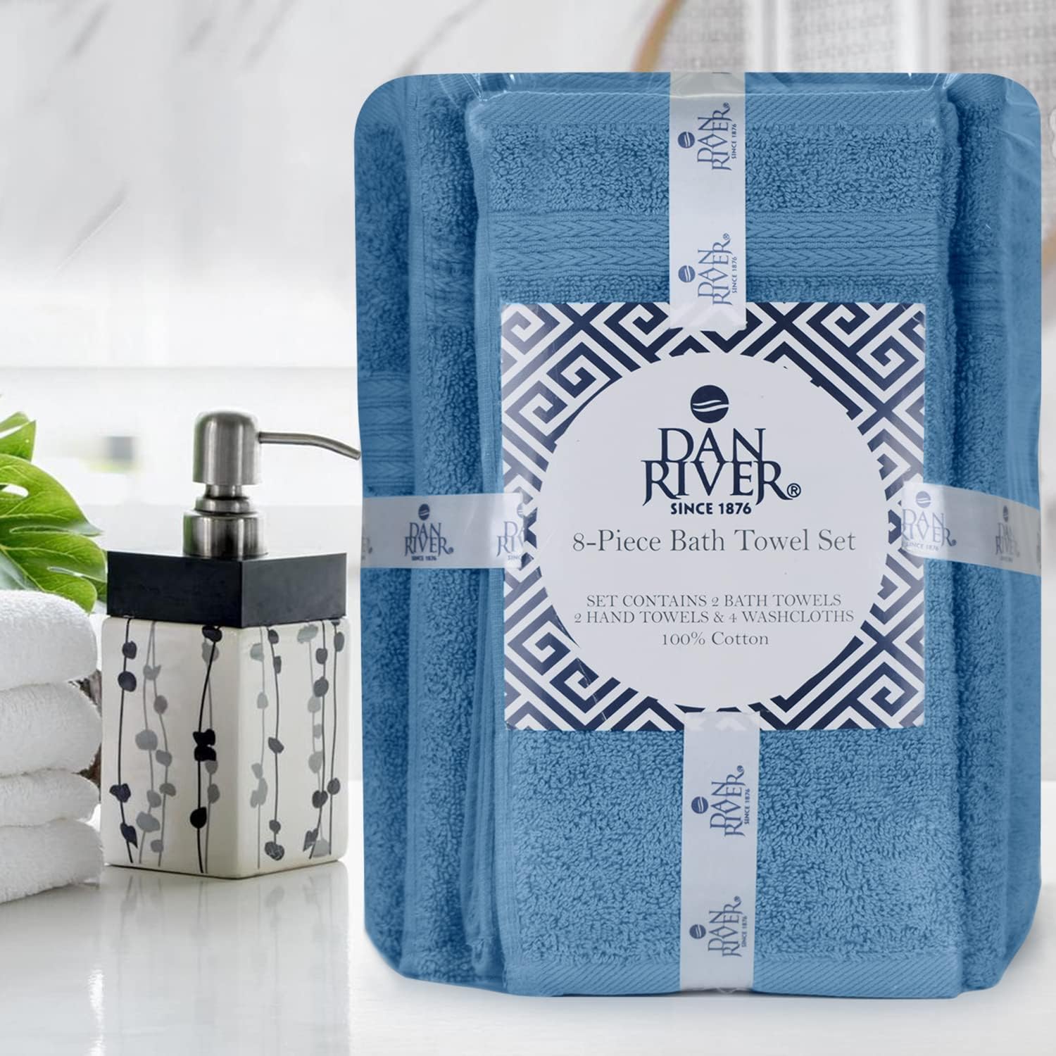 DAN RIVER 8 Piece Luxury Bath Towels for Bathroom, Towel Set, Medium Blue | 2 Bath towels, 2 Hand towels, and 4 Wash