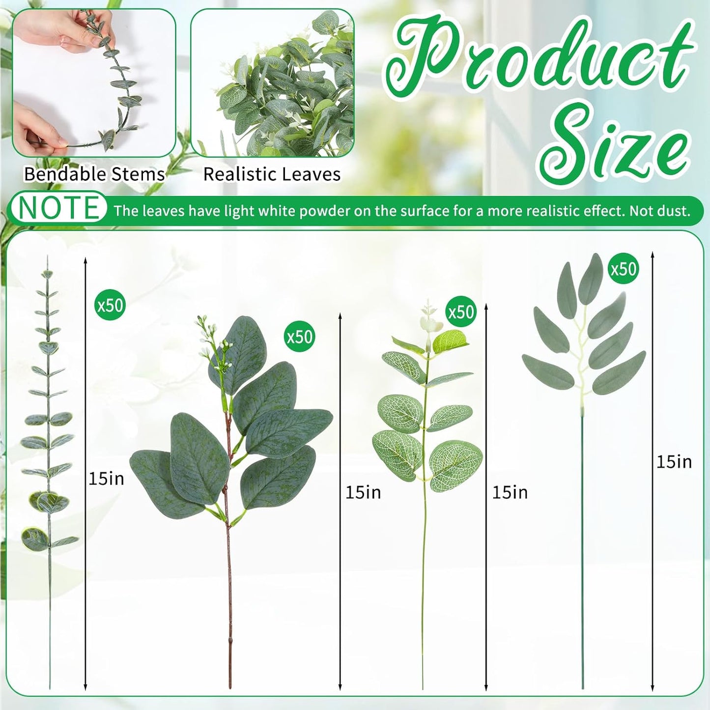 4 Kinds Mixed Artificial Eucalyptus Leaves Stems Bulk / Silver / Set of 150