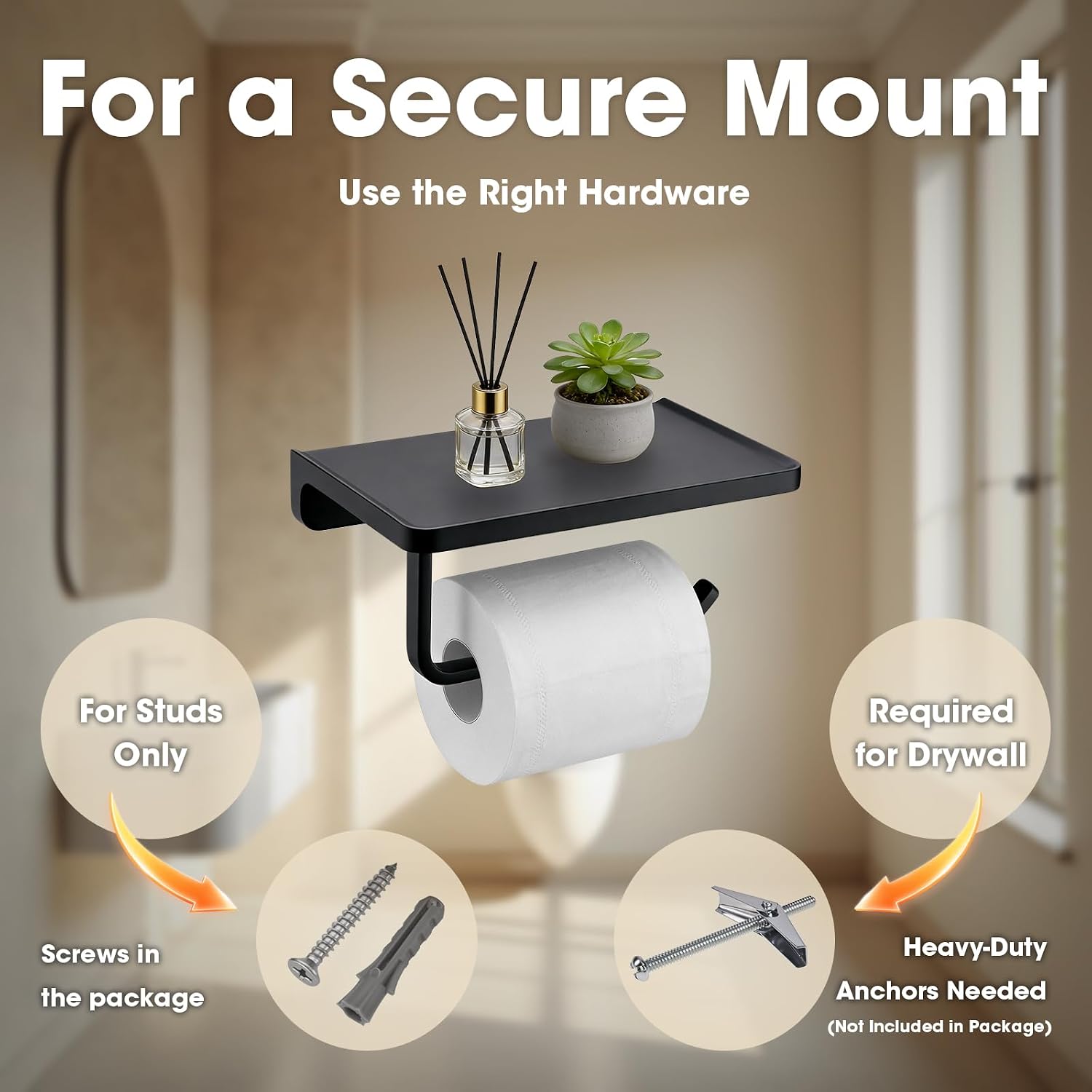 TRUSTMI Toilet Paper Holder with Shelf & Phone Stand, Matte Black | Solid zinc alloy holder holds 15 lbs and fits jumbo