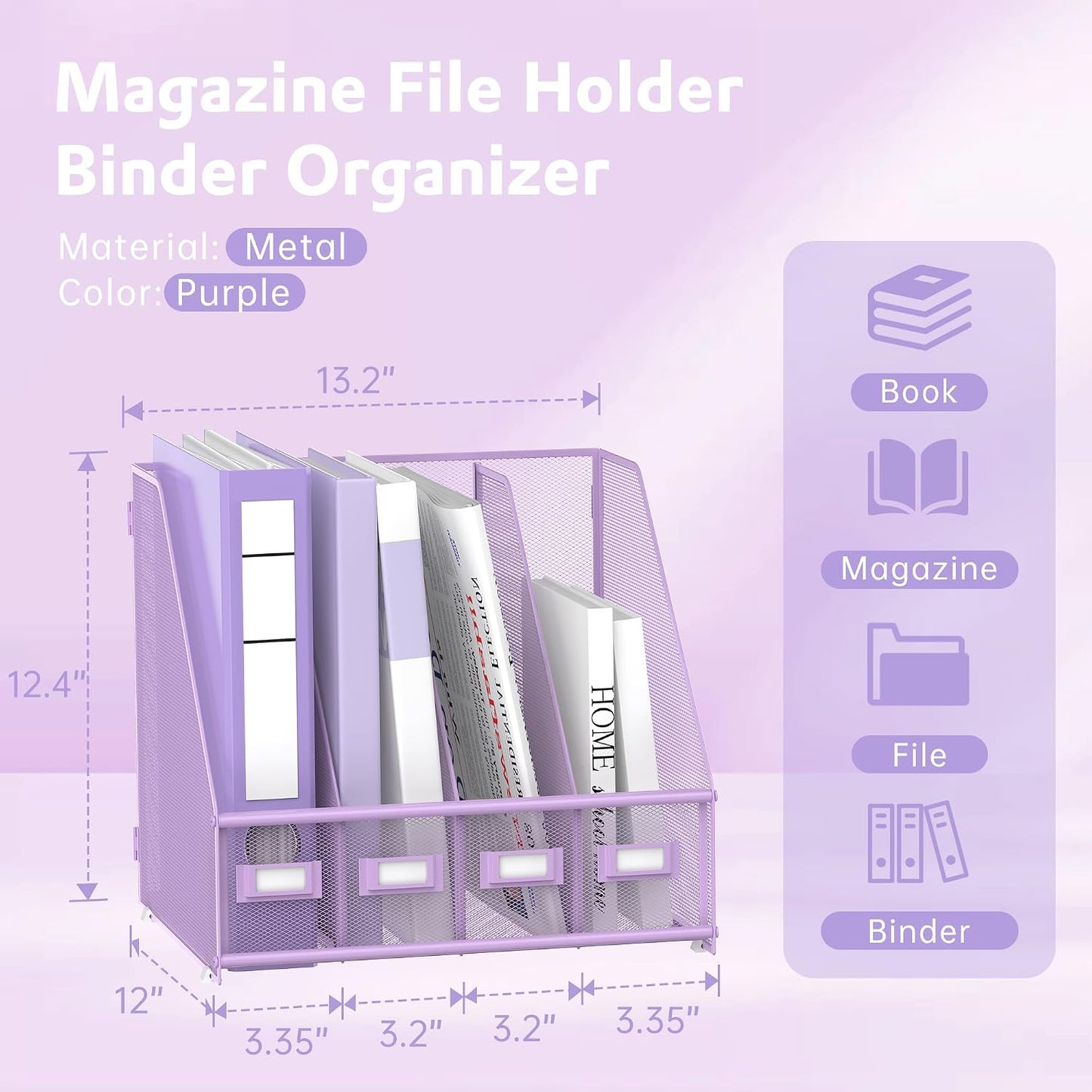 4-Compartment Magazine File Holder and File Organizer for Desk, Purple | Metal Magazine Holder and Magazine File