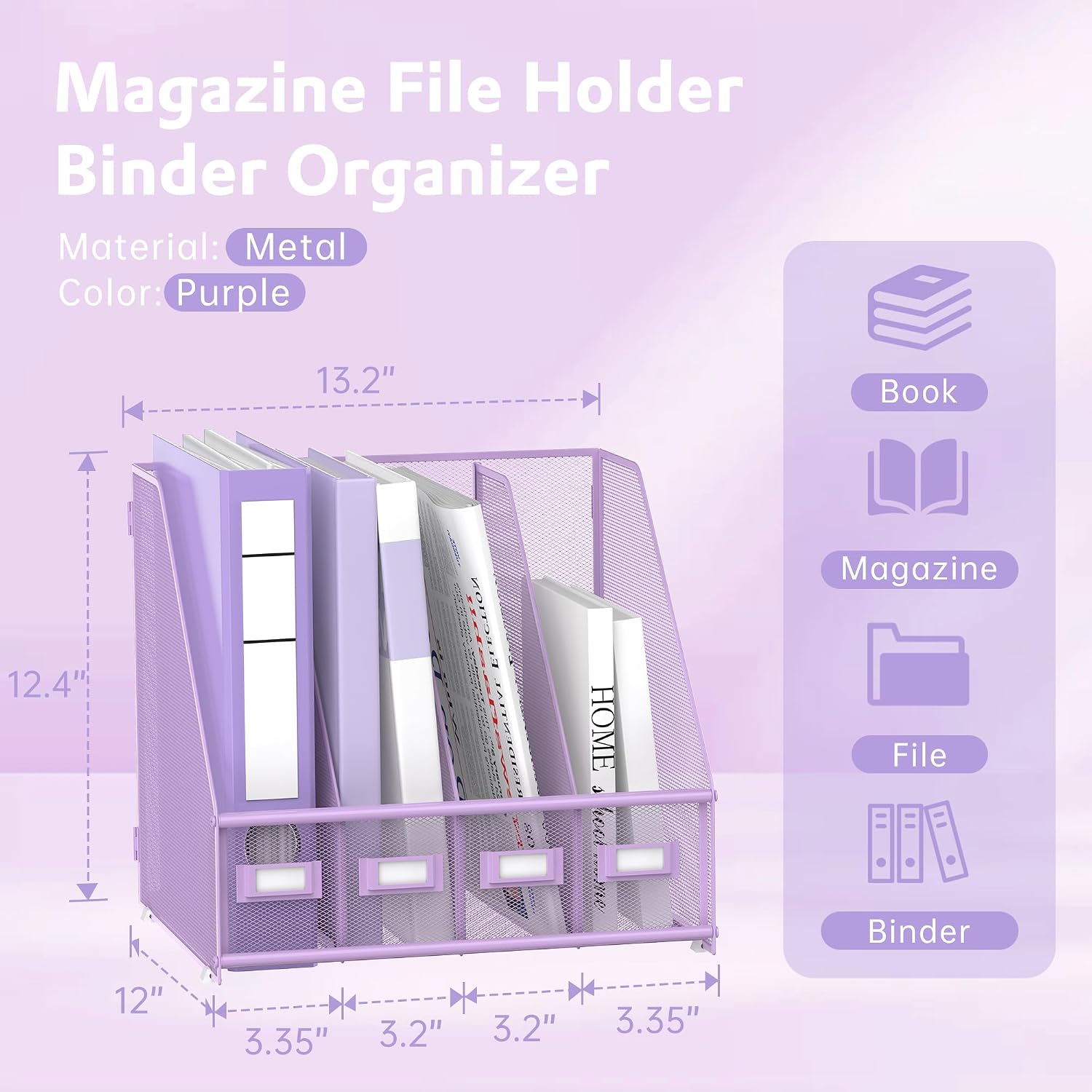 4-Compartment Magazine File Holder and File Organizer for Desk, Purple | Metal Magazine Holder and Magazine File