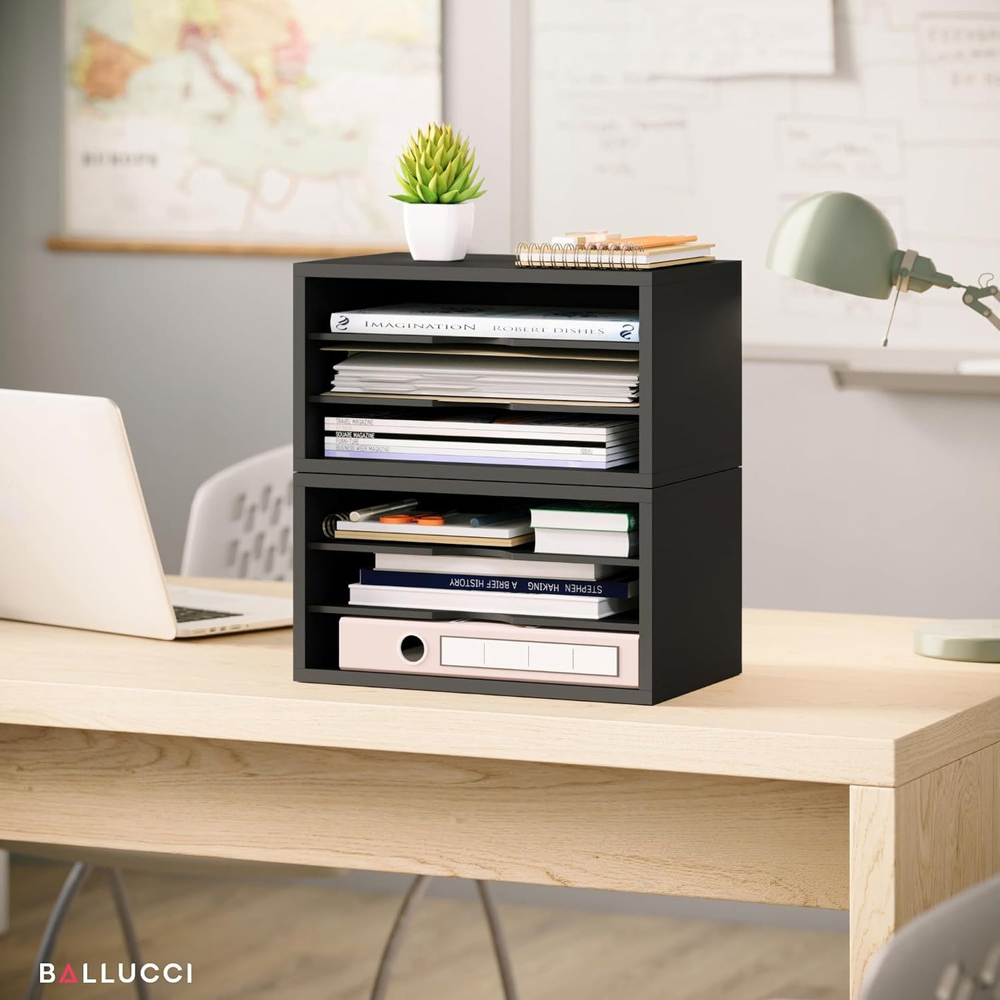 Ballucci File Organizer, 3-Tier Document Paper Sorter, Stackable Wood Desk Organizer, Mail Sorter and Monitor Stand