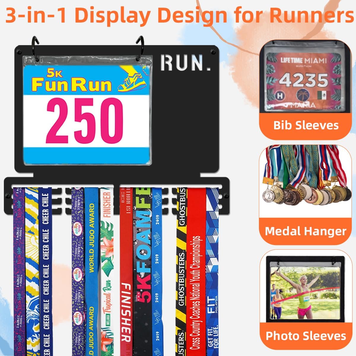 Race Bib & Medal Display Holds 45+ Medals 100 Bibs | 16" Metal Marathon Running Race Medal Hanger Display, 12 Bib