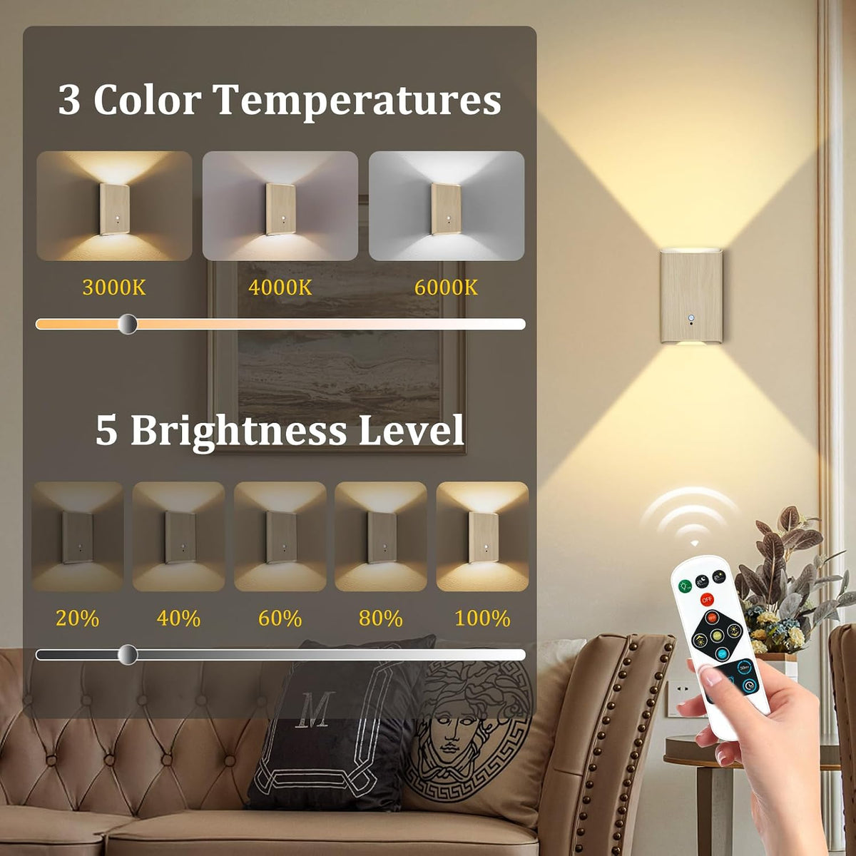 Eneru Motion Sensor Wall Sconce, Rechargeable Wireless Lights Indoor 4 Pack | 5000mAh Battery Powered, Remote 3CCT