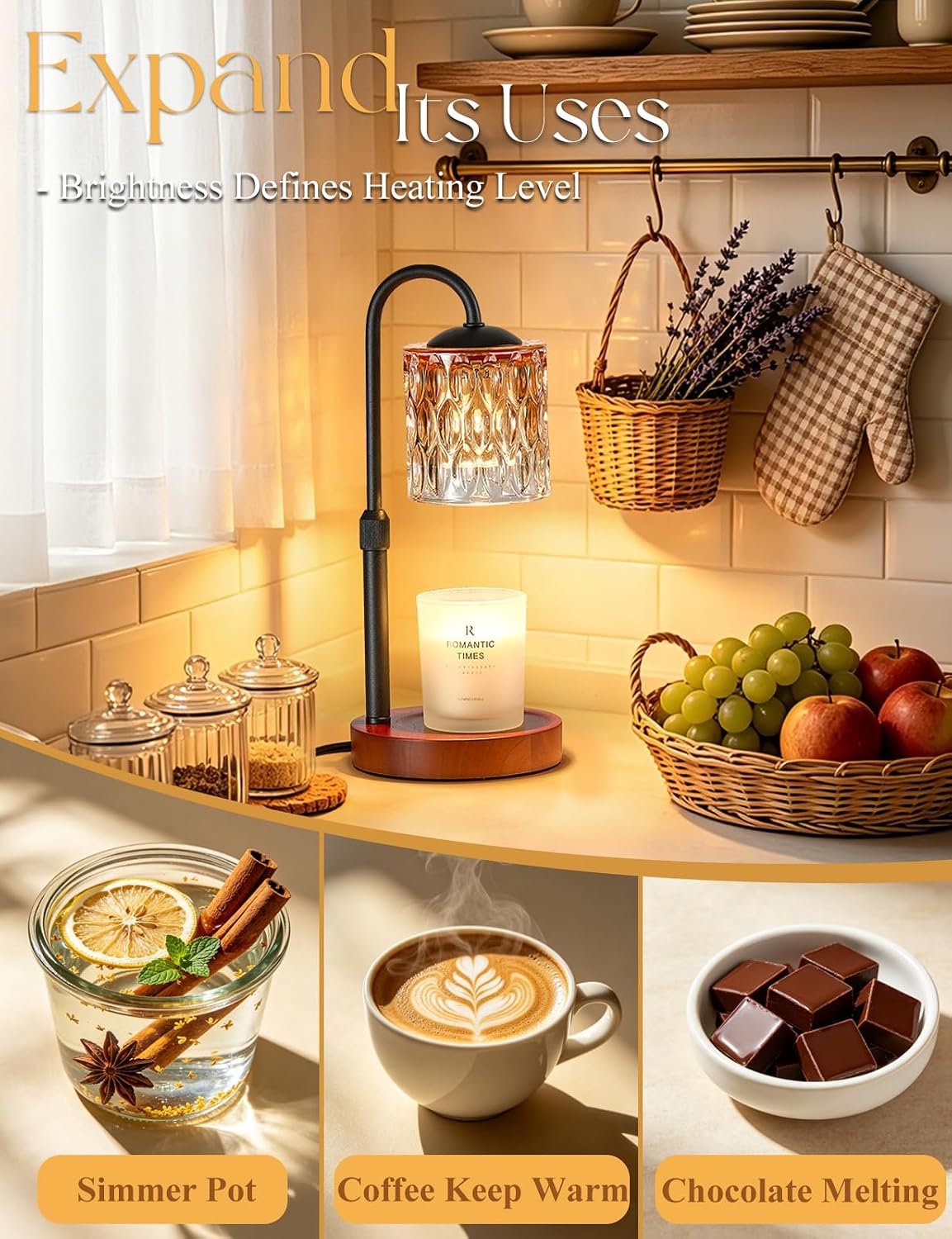 Dimmable Candle Warmer Lamp with Timer, Height Adjustable Electric Candle Wax Warmer, Birthday Gifts for Women Mom