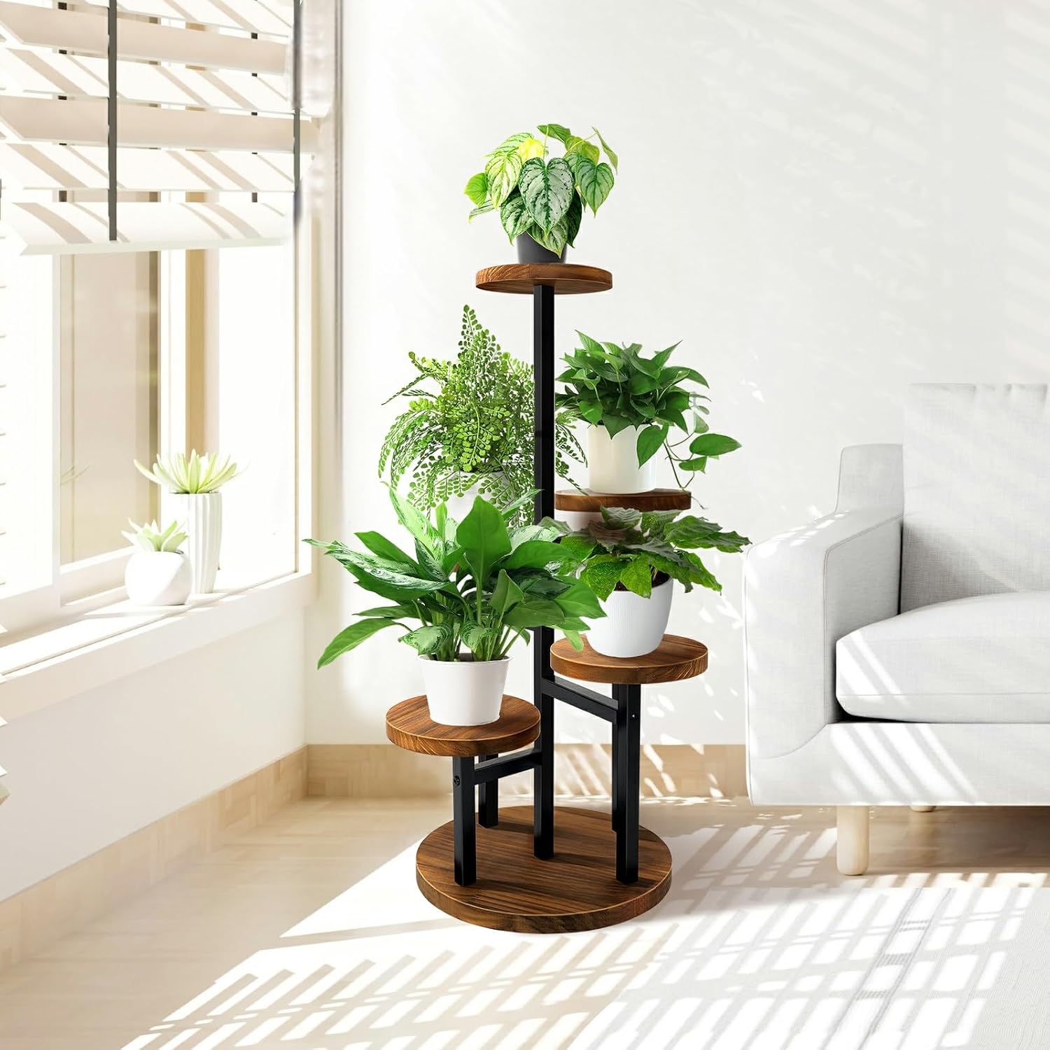 AUGOSTA 5 Tier Plant Stand, Tall Metal Wood Shelf Holder for Indoor Plants, Outdoor Garden Plant Display Rack Flower