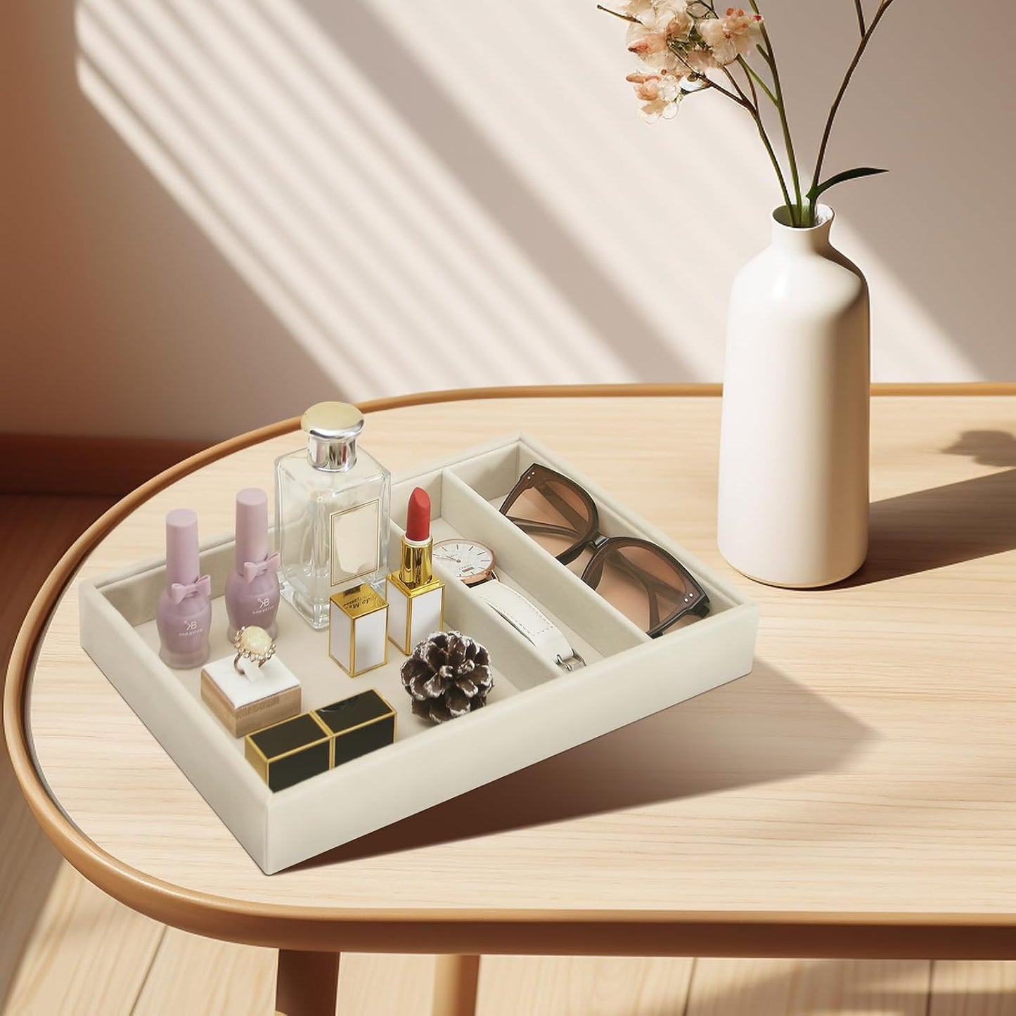 Bedside Organizer / 3 Grid / Beige Velvet