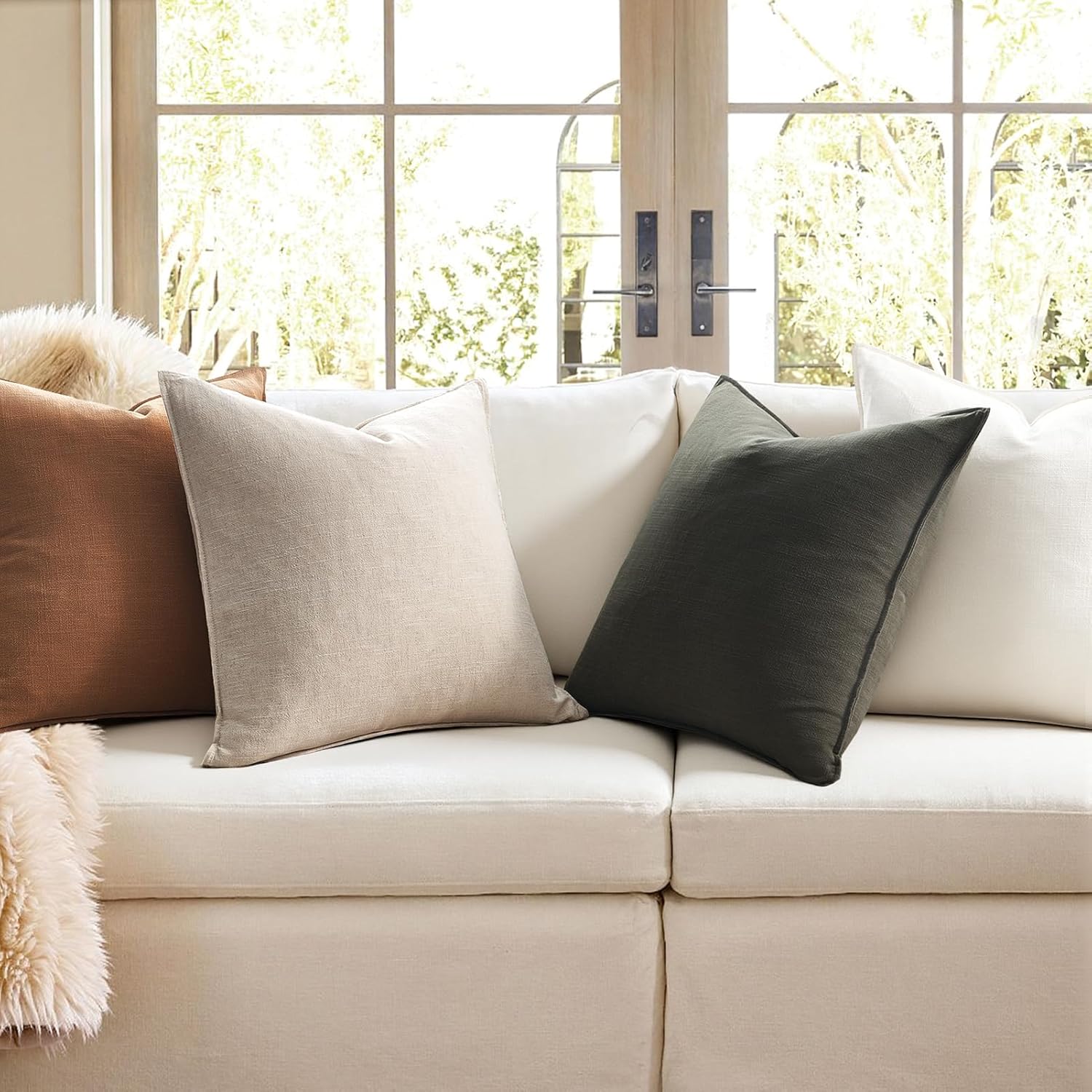Linen Soild Decorative Throw Lumbar Pillow Covers Soft Accent / Gold Olive / 20 x 12 / Set of 4
