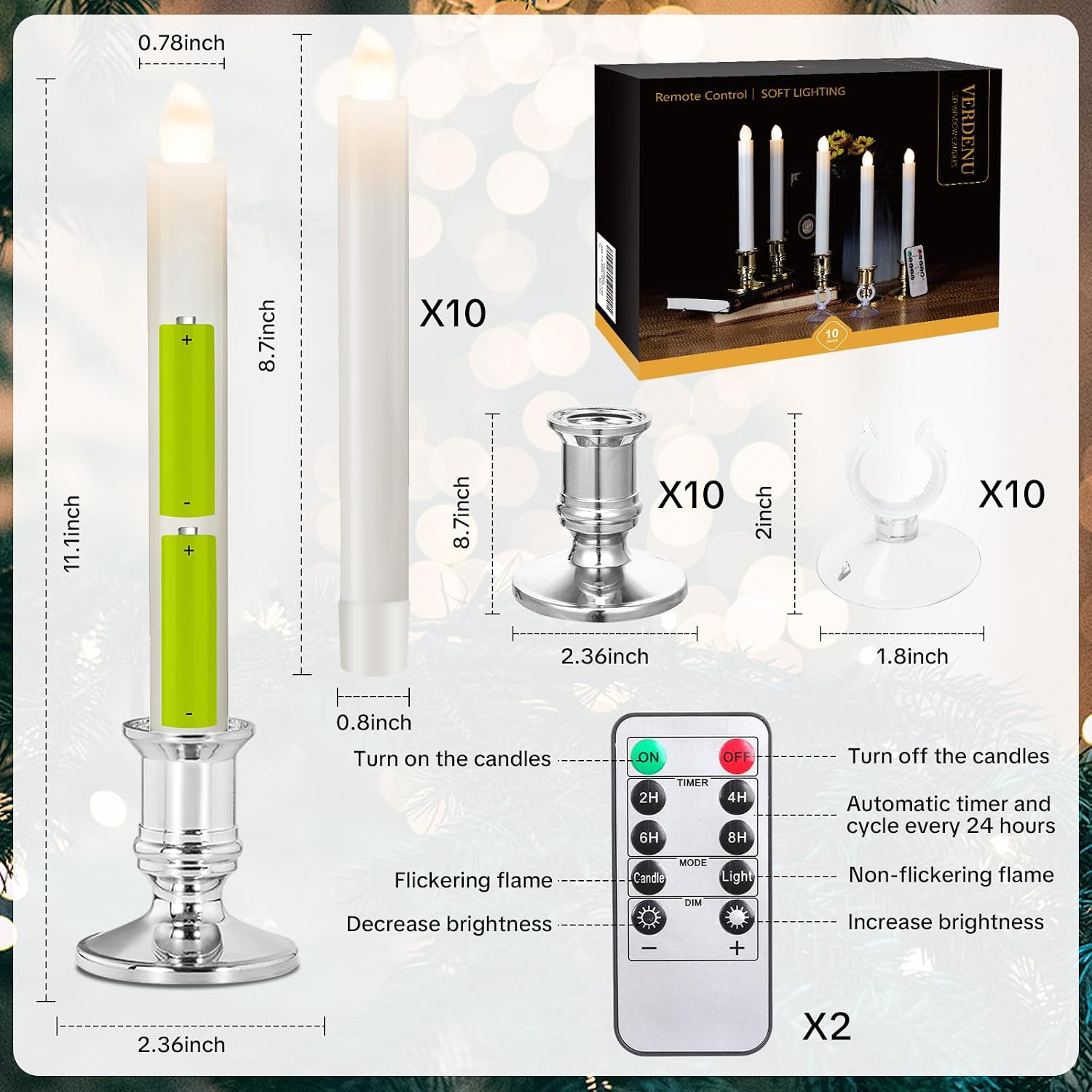 Verdenu 10 Pack Christmas Window Candles with Timer Remote, Battery Operated Electric LED Candles with Holder/Suction