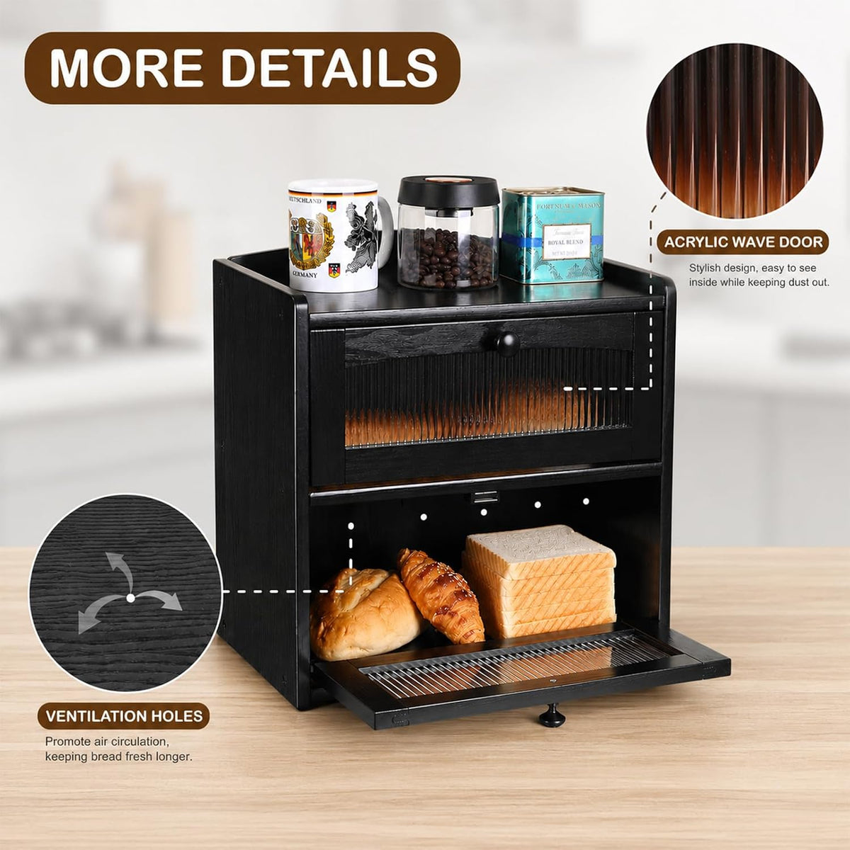 Large Wooden Bread Box for Kitchen Countertop, 2-Tier, Black | Clear Acrylic Window Spacious Bread Storage Farmhouse