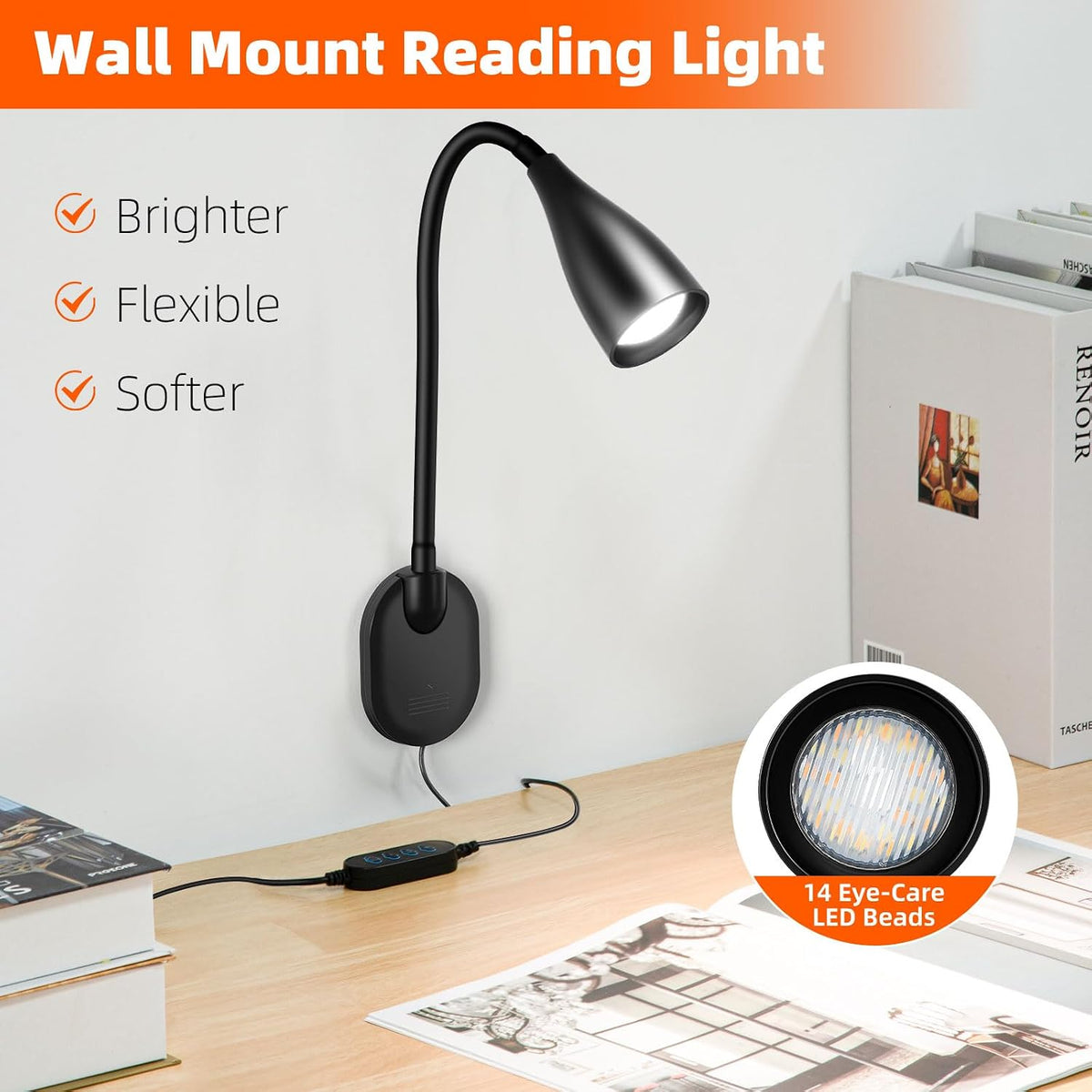 LiFMIRA Wall-Mounted LED Bedside Reading Light USB Charging Port 2Pcs Black | 10-Level Dimmable & Adjustable 5 Color