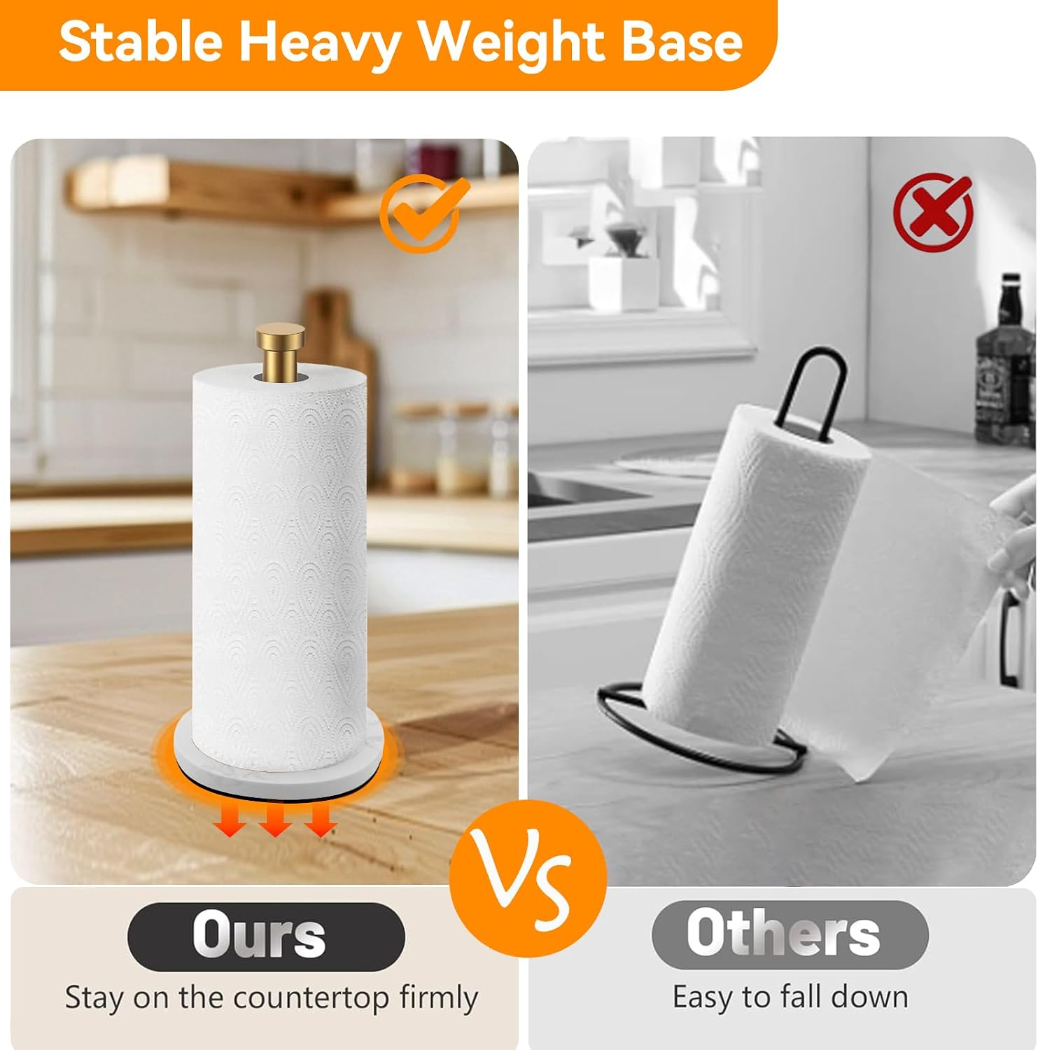 Gold Paper Towel Holder, with Anti Slip Weighted Marble Base | Stainless Steel, One Handed Operation, Countertop Towel