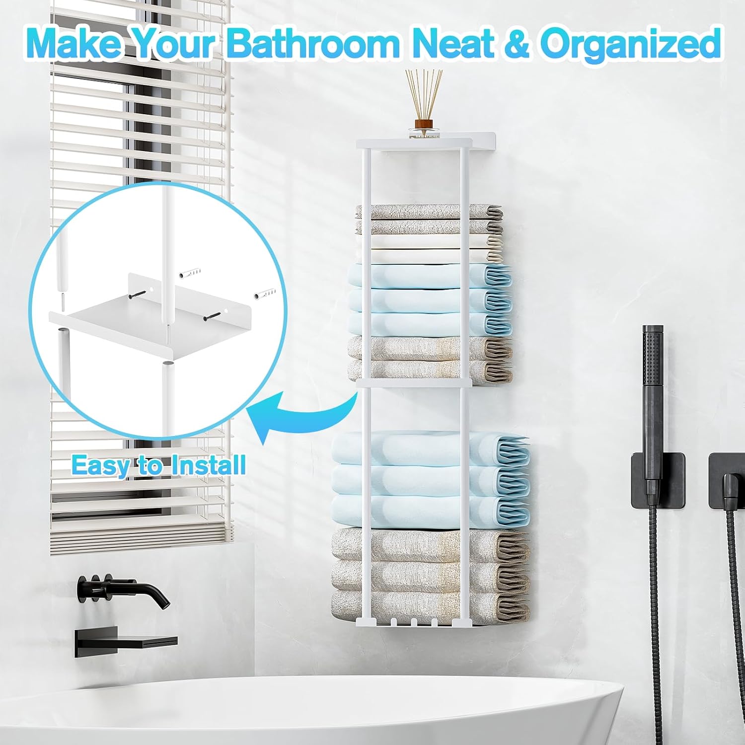 Liuoud Towel Rack for Bathroom, Wall Mounted Vertical Rolled Towel Storage Organizer Holder with Shelf, Holds Up 6
