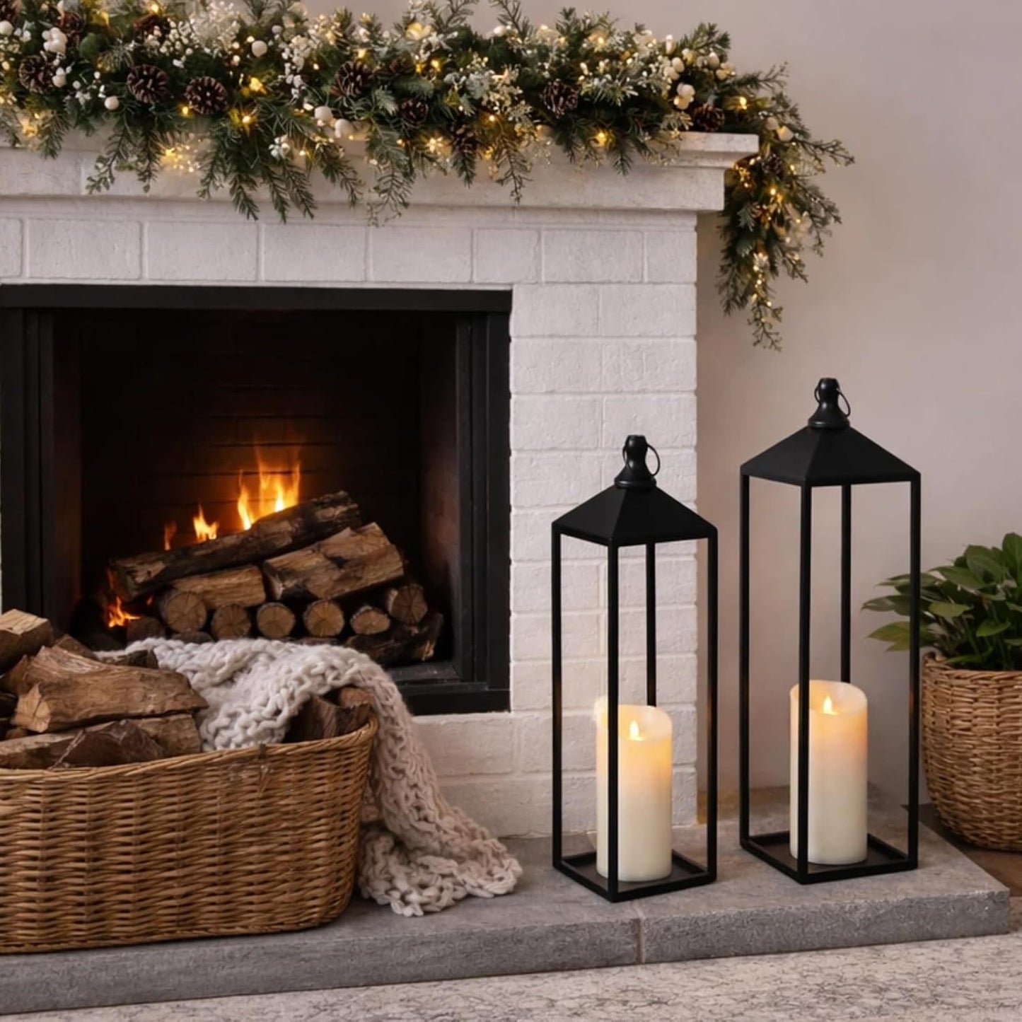22'' 19'' Large Lanterns Decorative Outdoor Indoor, Set of 2 Candle Lantern | Black Metal Floor Lanterns Decorative for