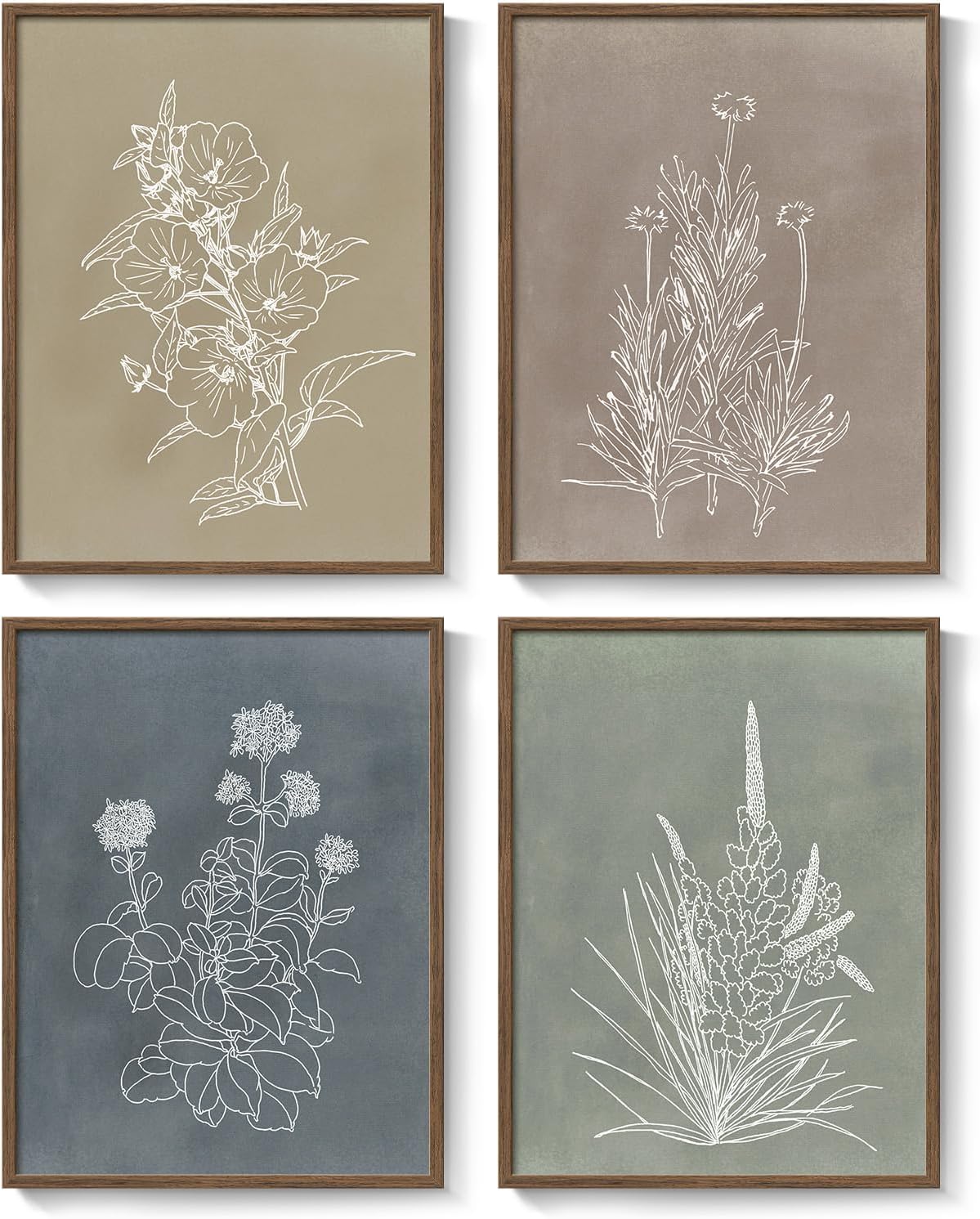 Framed Boho Botanical Wall Art / 12" W x 16" H x / Simple - Walnut Framed / Set of 4