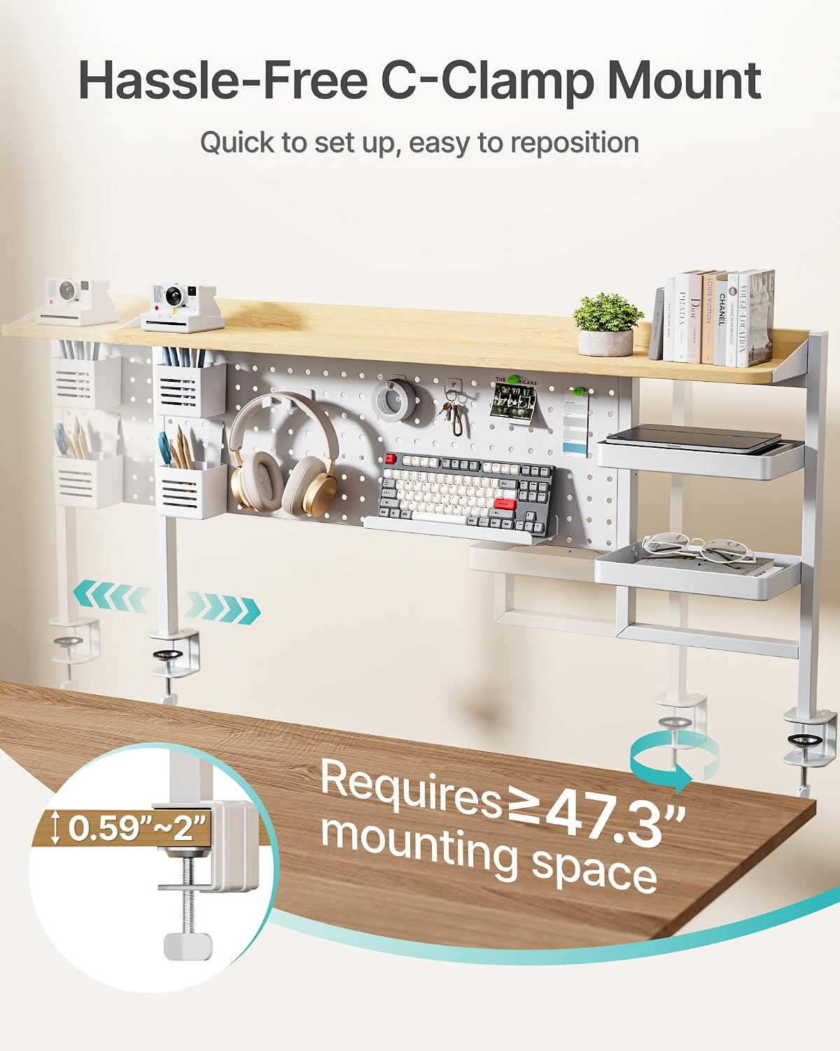 Clamp on Desk Shelf, 44" Desktop Shelving System, White | with Pegboard and Accessories, Desktop Organizer with 2-Tier
