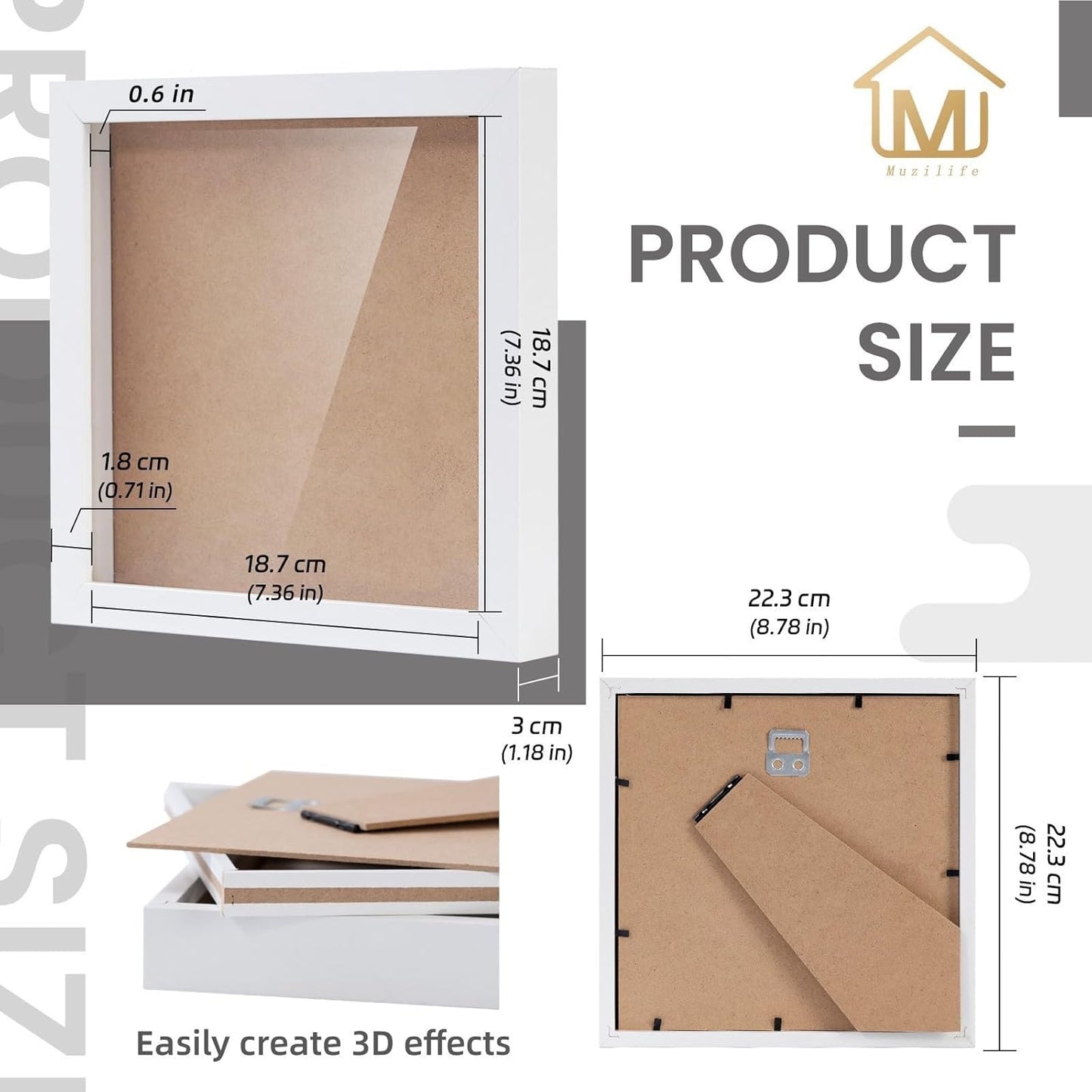 Muzilife 8x8 Shadow Box 3D Picture Frames, Wood, Real Glass, White, 3 Pack | FSC-Certified MDF | With Stand | Tabletop