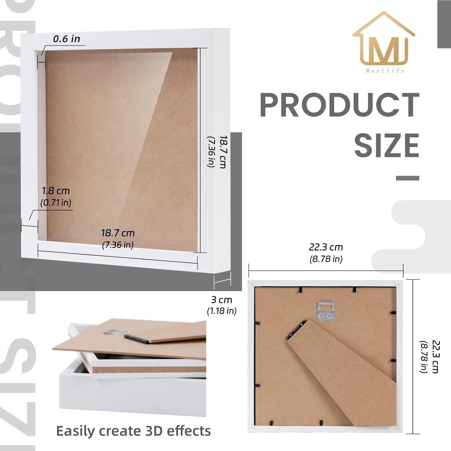 Muzilife 8x8 Shadow Box 3D Picture Frames, Wood, Real Glass, White, 3 Pack | FSC-Certified MDF | With Stand | Tabletop
