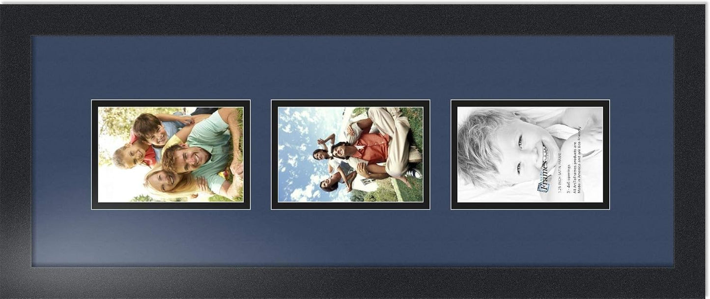 ArtToFrames Collage Photo Frame Double Mat with 3-4x6 Openings with Satin Black Frame and Midnight Blue mat.