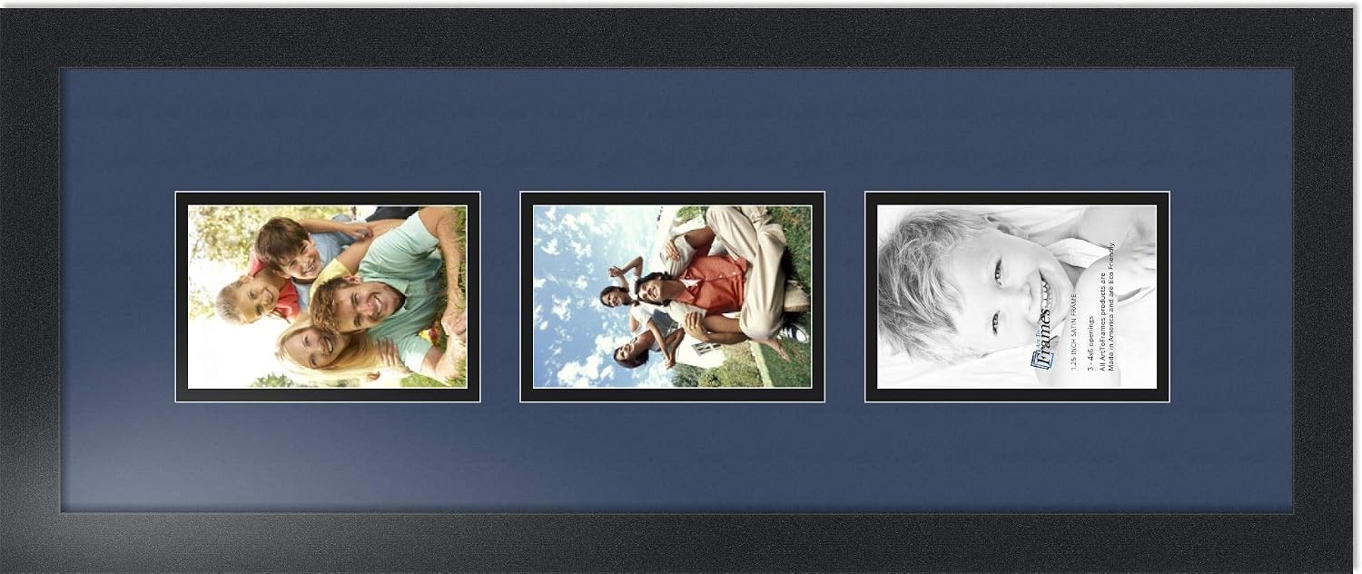ArtToFrames Collage Photo Frame Double Mat with 3-4x6 Openings with Satin Black Frame and Midnight Blue mat.