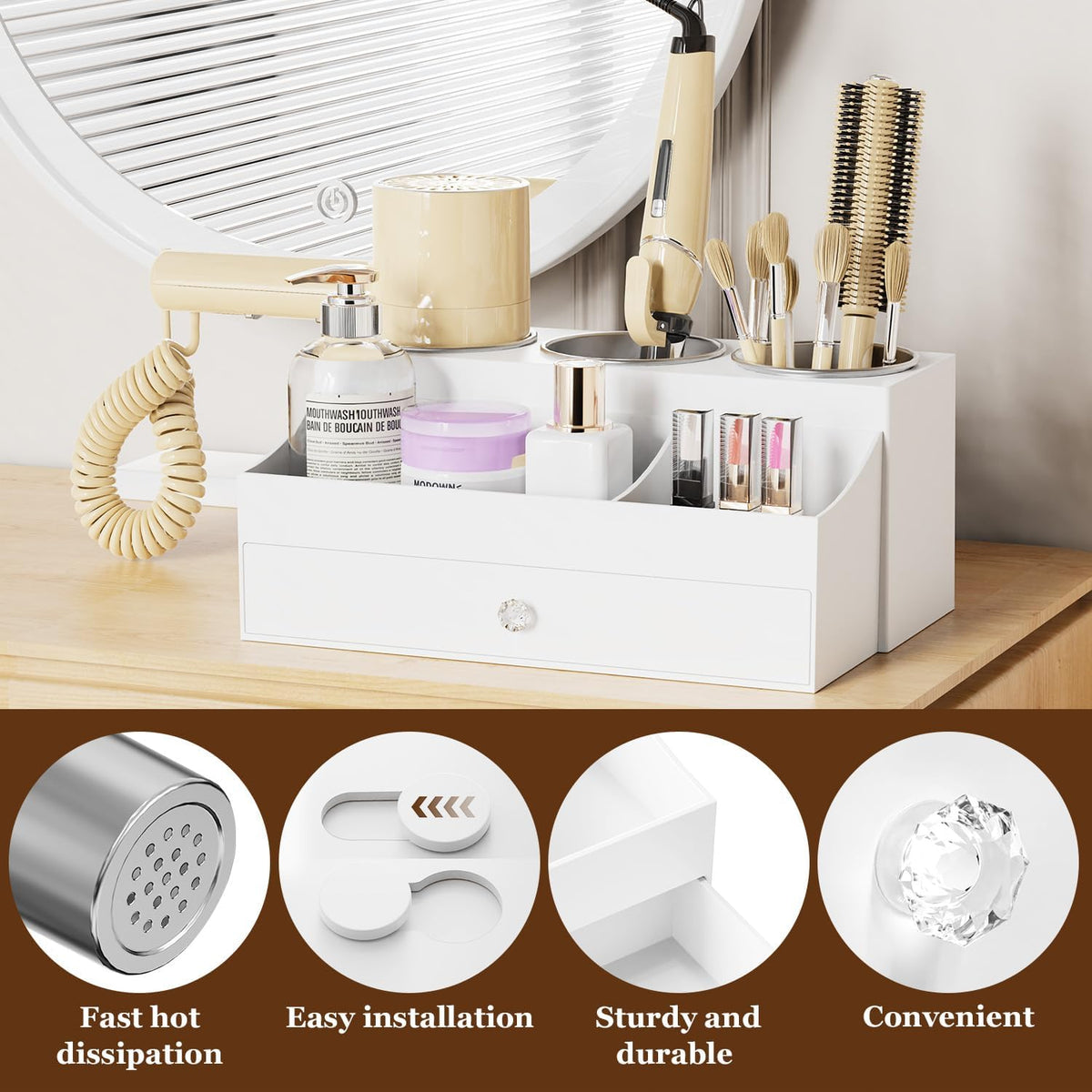 GFWARE Hot Hair Styling Tool Organizer with Drawer & 3 Cooling Cups, White | Bathroom Vanity Storage, Hair Styling