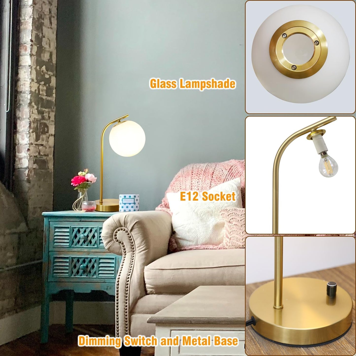 Mid Century Modern Dimmable Globe Table Lamp, Gold,15.3'' high | Minimalist Nightstand Desk Lamp with Milk White Glass
