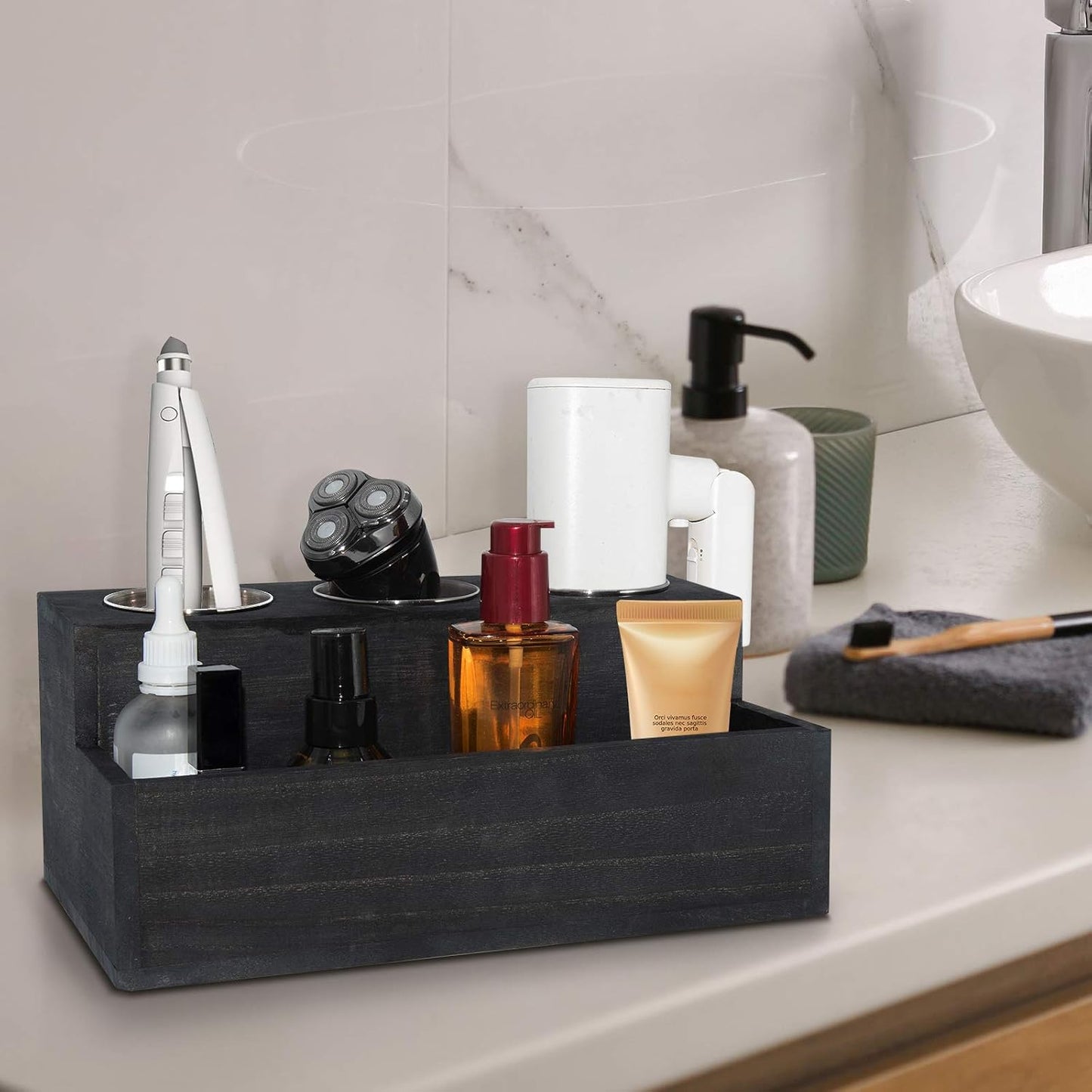 Wooden Hair Dryer Holder - Rustic Hair Tools Organizer with 3 Circular Holes and 1 Compartment, Bath Accessories