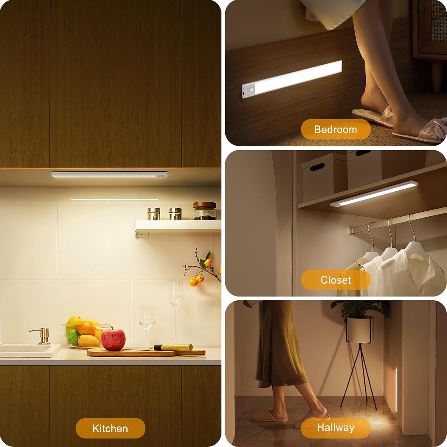 BLS Under Cabinet Lights, 74 LED lights Battery Operated Motion Sensor Light Indoor, USB C Rechargeable Closet Lights
