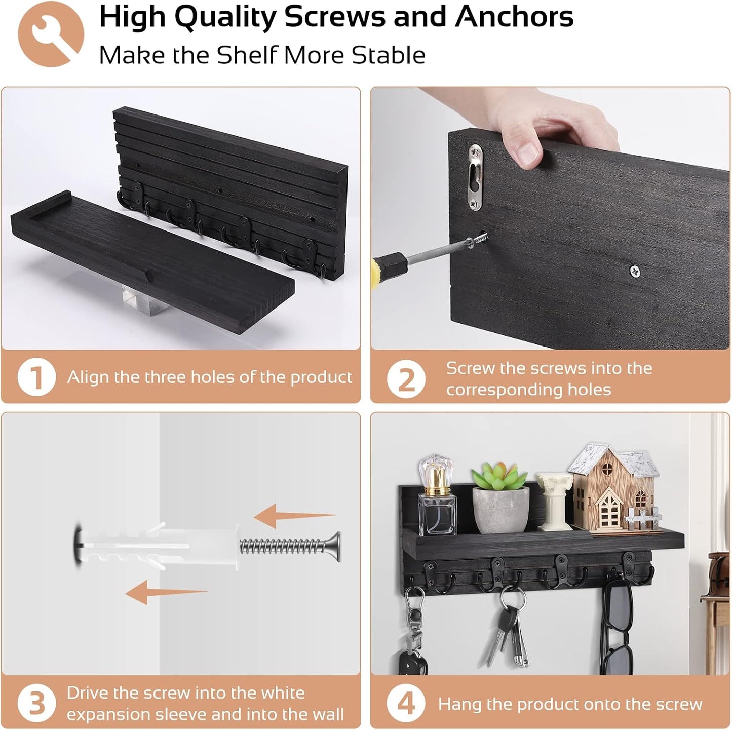 Easy Install Natural Wooden Key and Mail Holder / Carbon Black