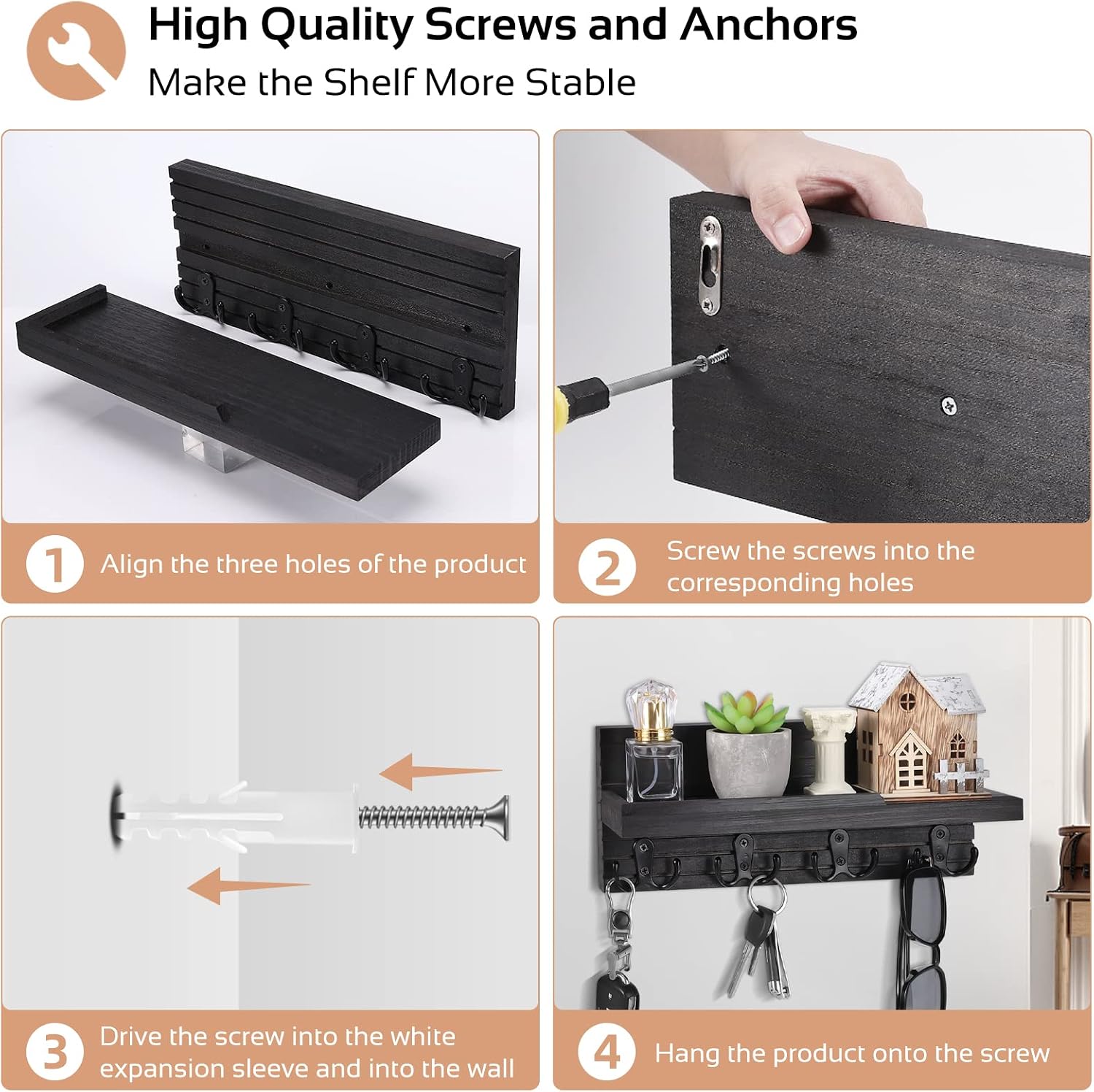 Easy Install Natural Wooden Key and Mail Holder / Carbon Black