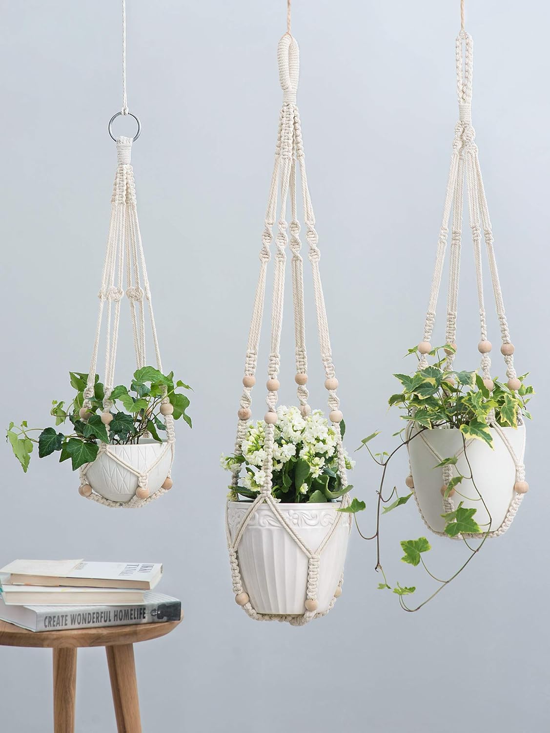 Macrame Plant Hangers Indoor Different Size Hanging Planter Basket / Medium / Ivory / Set of 3