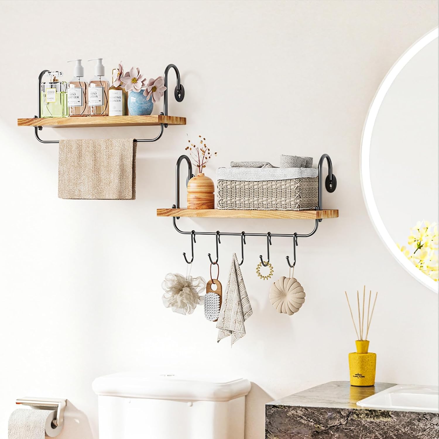 Olakee Floating Wall Shelves for Kitchen Bathroom Coffee Nook with 10 Adjustable Hooks for Coffee Mugs, Coffee Bar