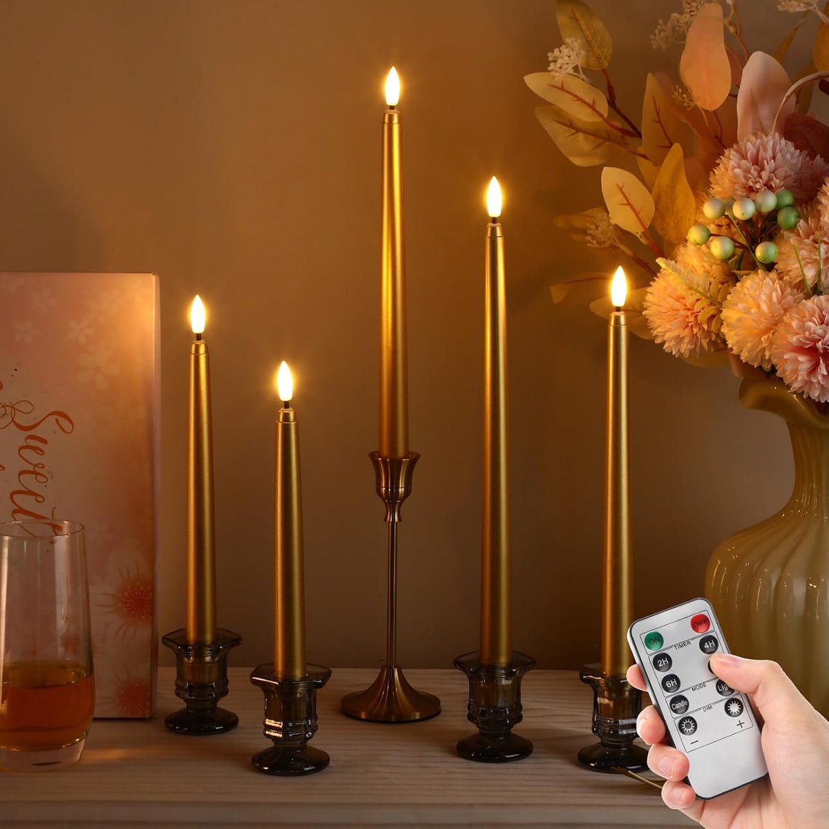 Rossesay 28 Pcs Flameless Taper Candles with Timer Remote 4 Sizes of 8.5", 9.6", 10.83", 12.8" LED Flickering Taper
