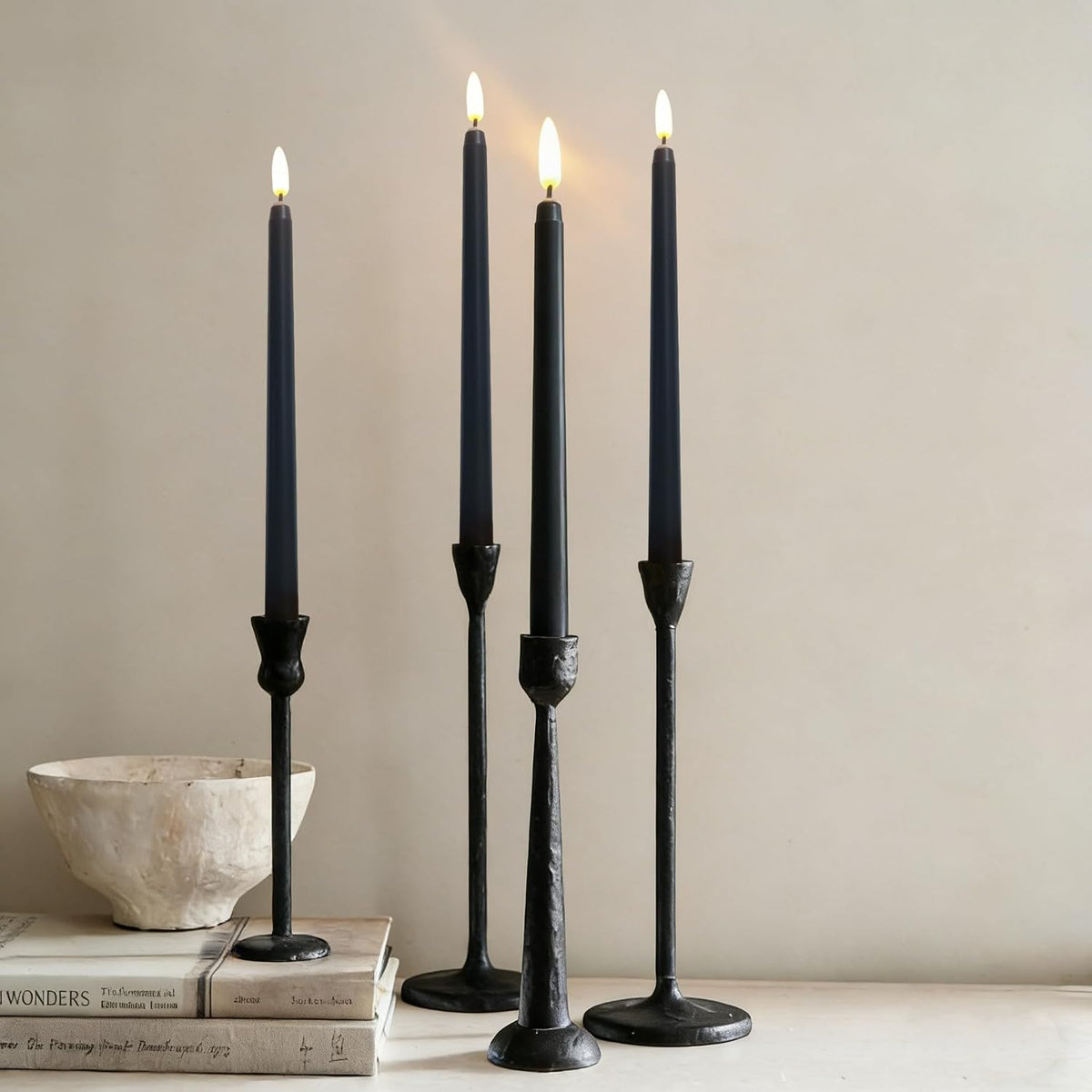 Black Halloween Flameless Taper Candles with Remote Timer Set of 12 | Flickering LED Candlesticks, 2 AAA Battery