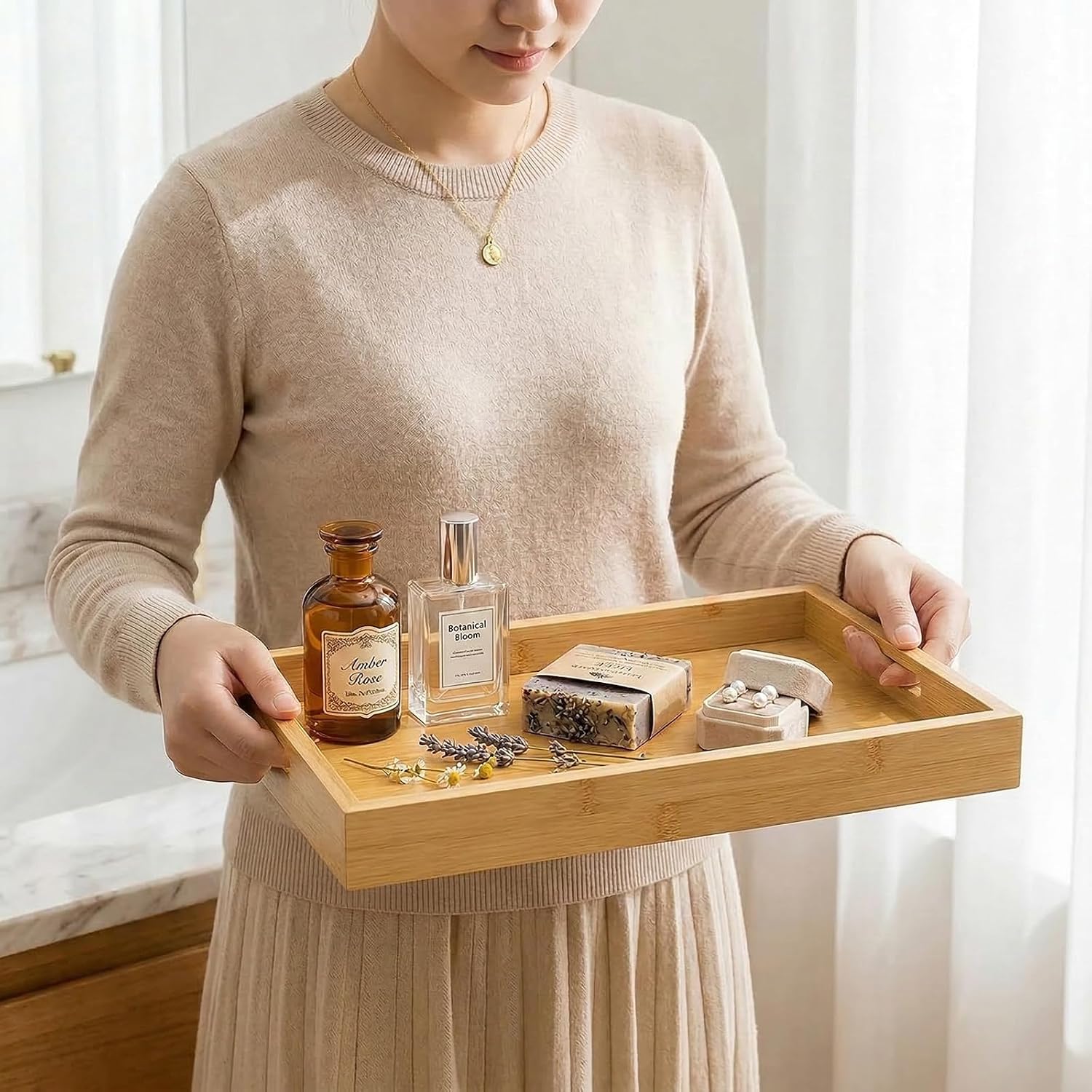 Bamboo Wood Display Tray for Dresser / Natural / 11.4 x 7.9