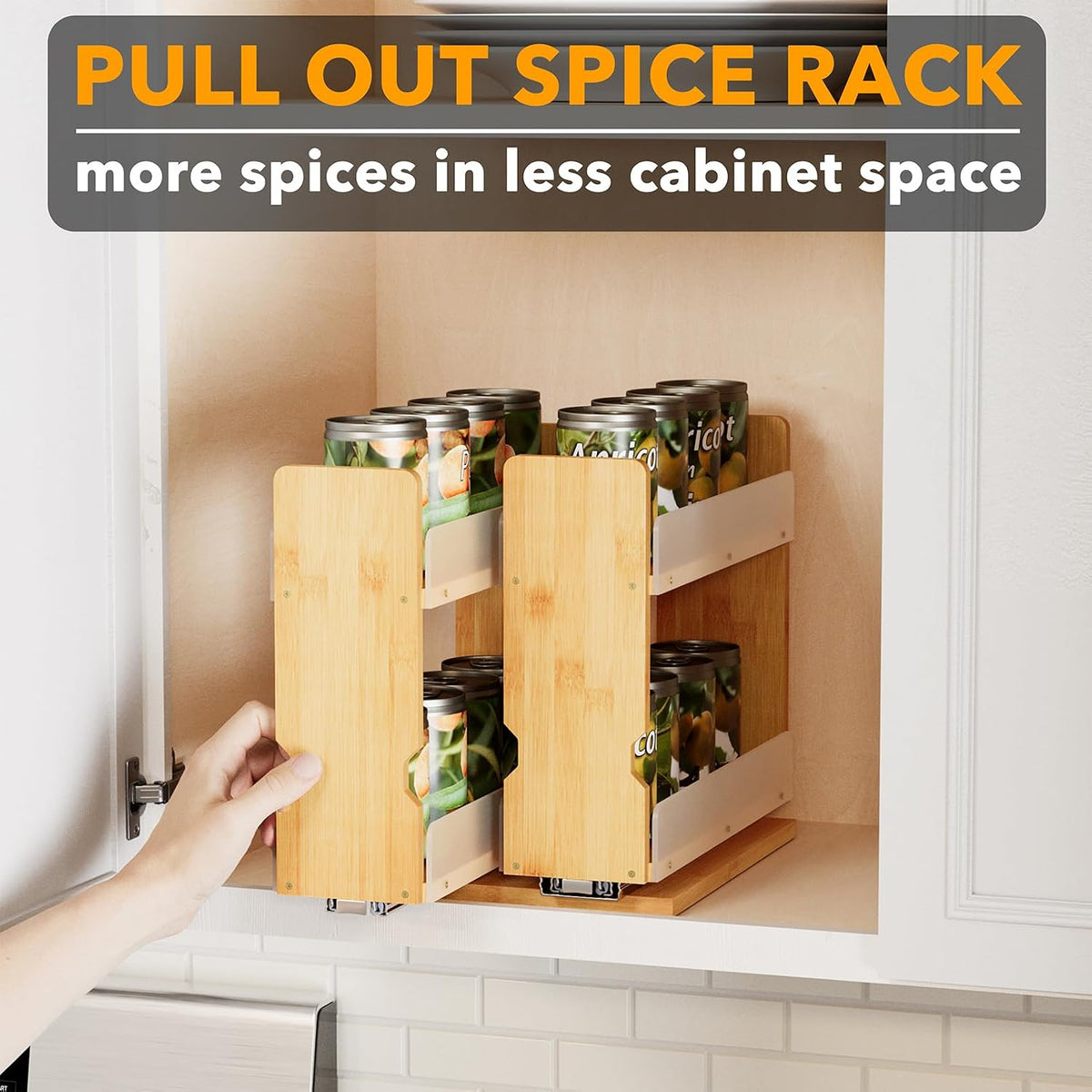 SpaceAid Bamboo Pull Out Spice Rack Organizer for Cabinet, Heavy Duty Slide Out Seasoning Kitchen Pantry Sliding