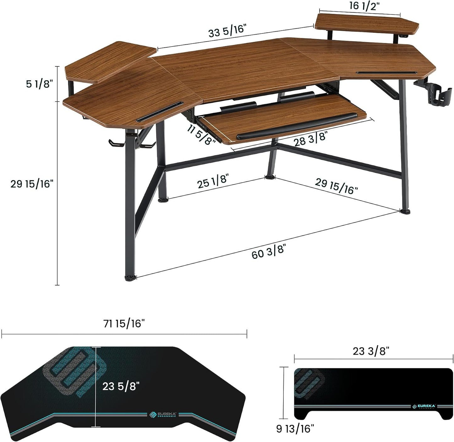 EUREKA ERGONOMIC Gaming Desk Wing Shaped Keyboard Tray 72 Inch Walnut | LED monitor stand with dual headphone hooks and
