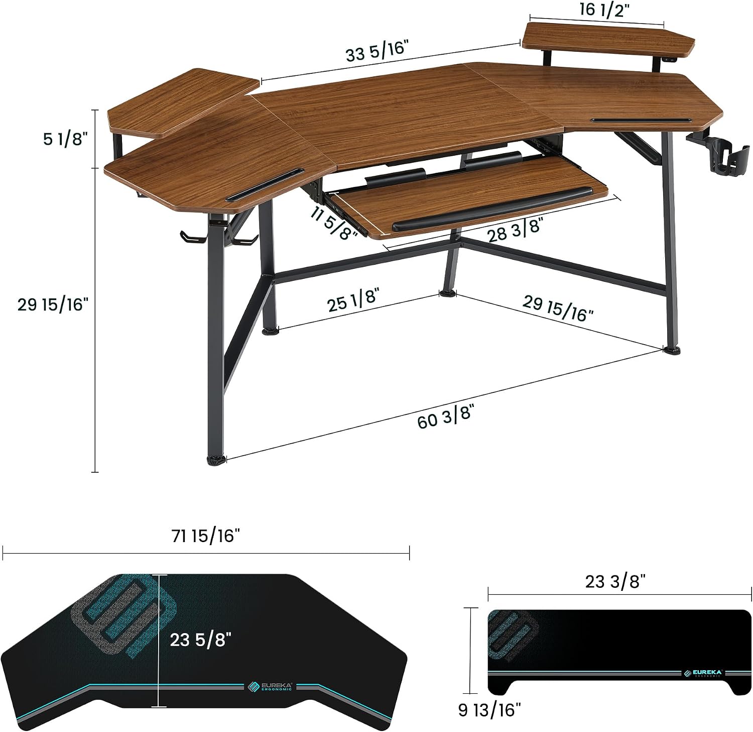 EUREKA ERGONOMIC Gaming Desk Wing Shaped Keyboard Tray 72 Inch Walnut | LED monitor stand with dual headphone hooks and