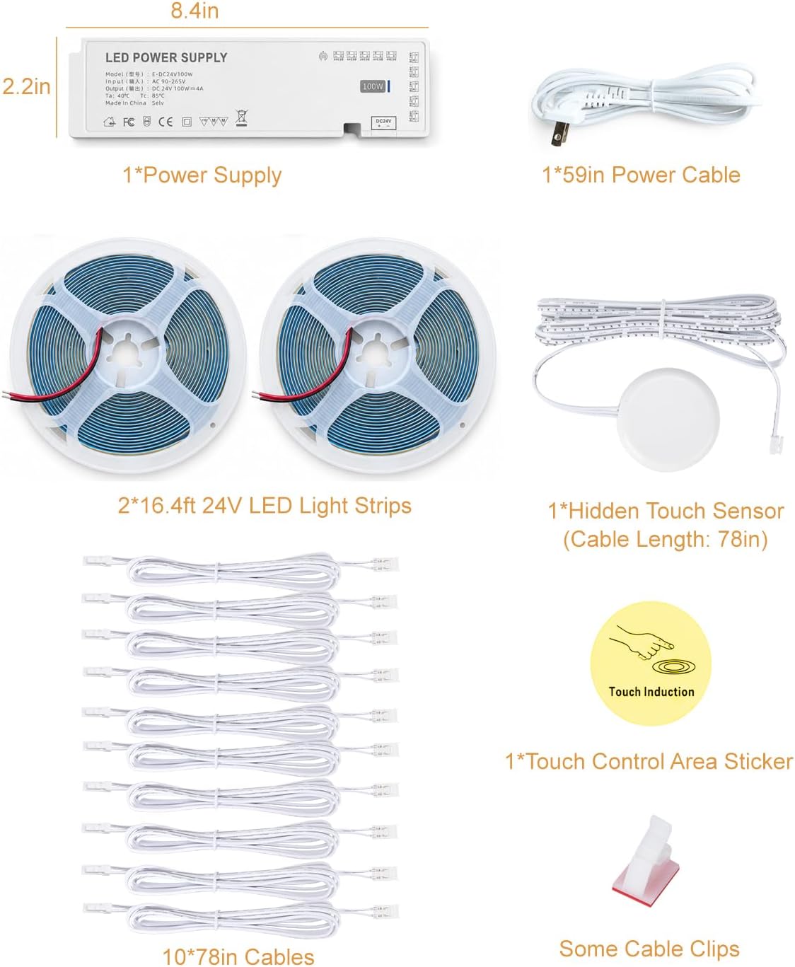 JUSJUBR Display Cabinet Lights, 32.8ft 24V Dimmable Cuttable COB LED Strip Lights, Cold White 6000K, Under Cabinet