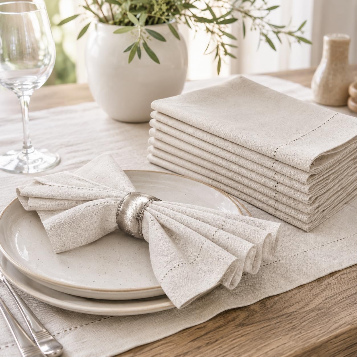 Bedding Craft Linen Cloth Dinner Napkins, 18x18, Set of 12 | Natural Fabric with hemstitched Mitered Corners – Machine