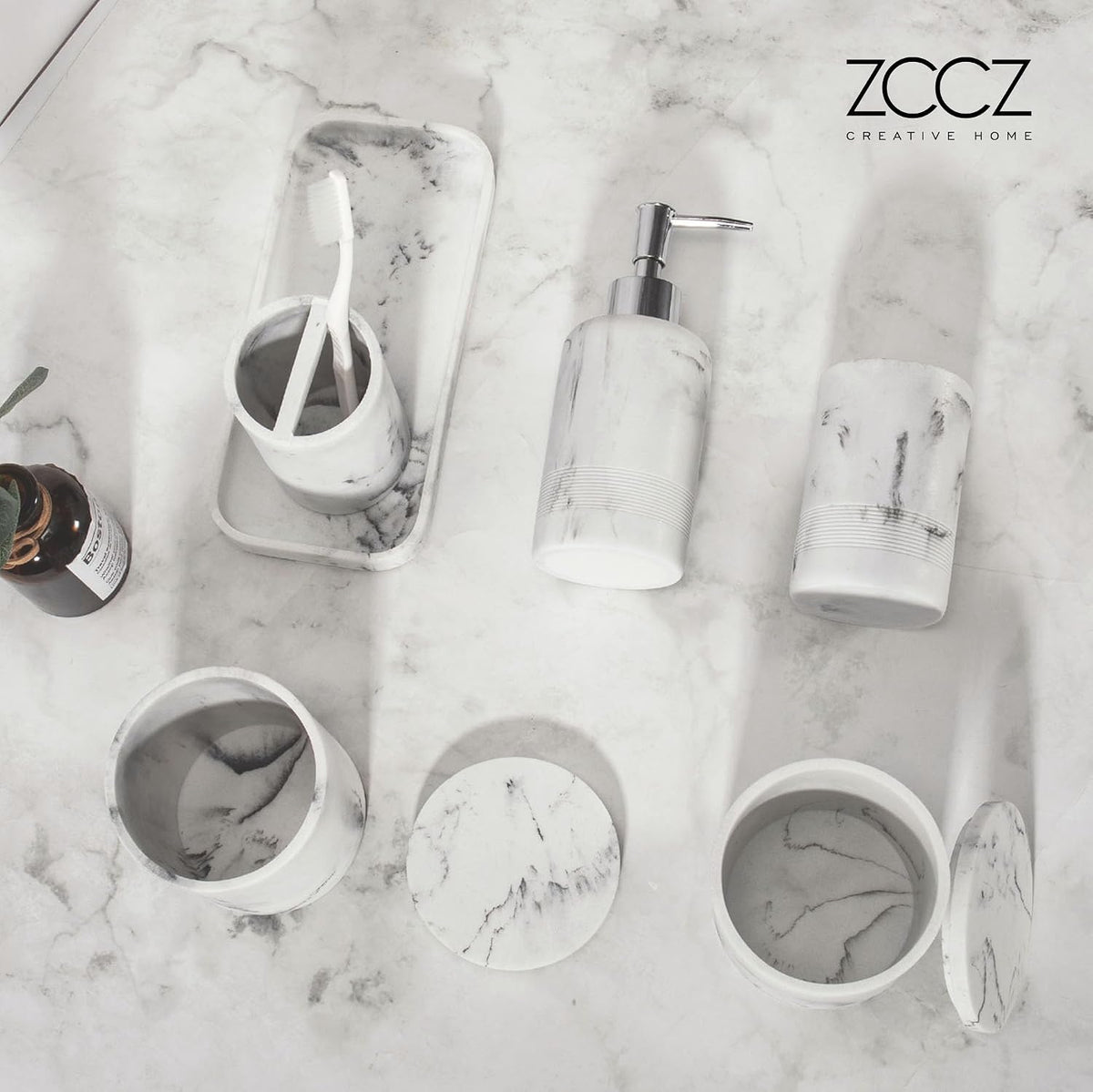 White Marble Bathroom Accessories Set 6 Pieces - Toothbrush Holder, Lotion Dispenser, Qtip Container, Vanity Tray