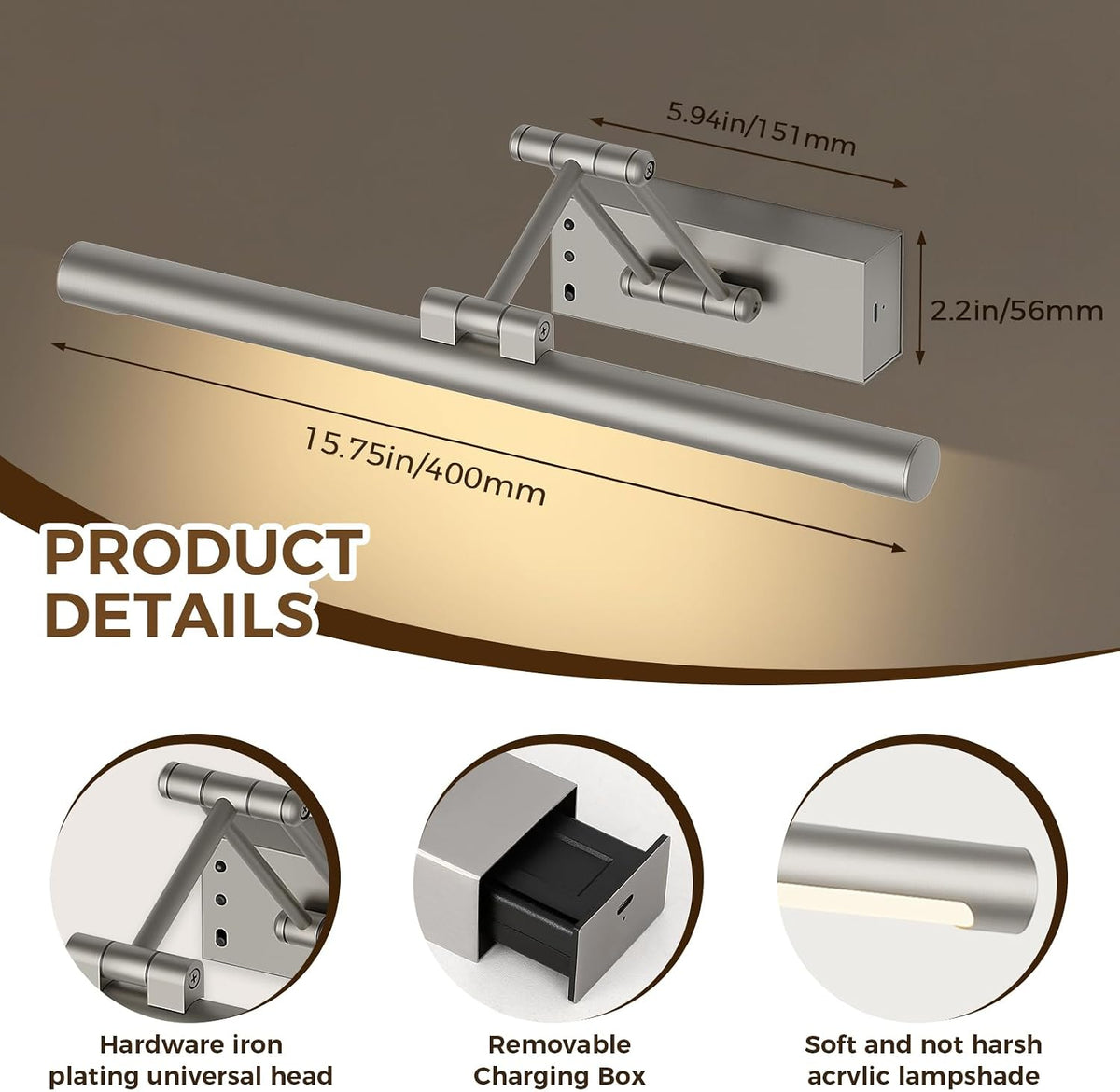 Battery Operated Picture Light for Wall Wireless Art Light 15.75 Inch | Gallery Lights with Remote and Timer Brushed