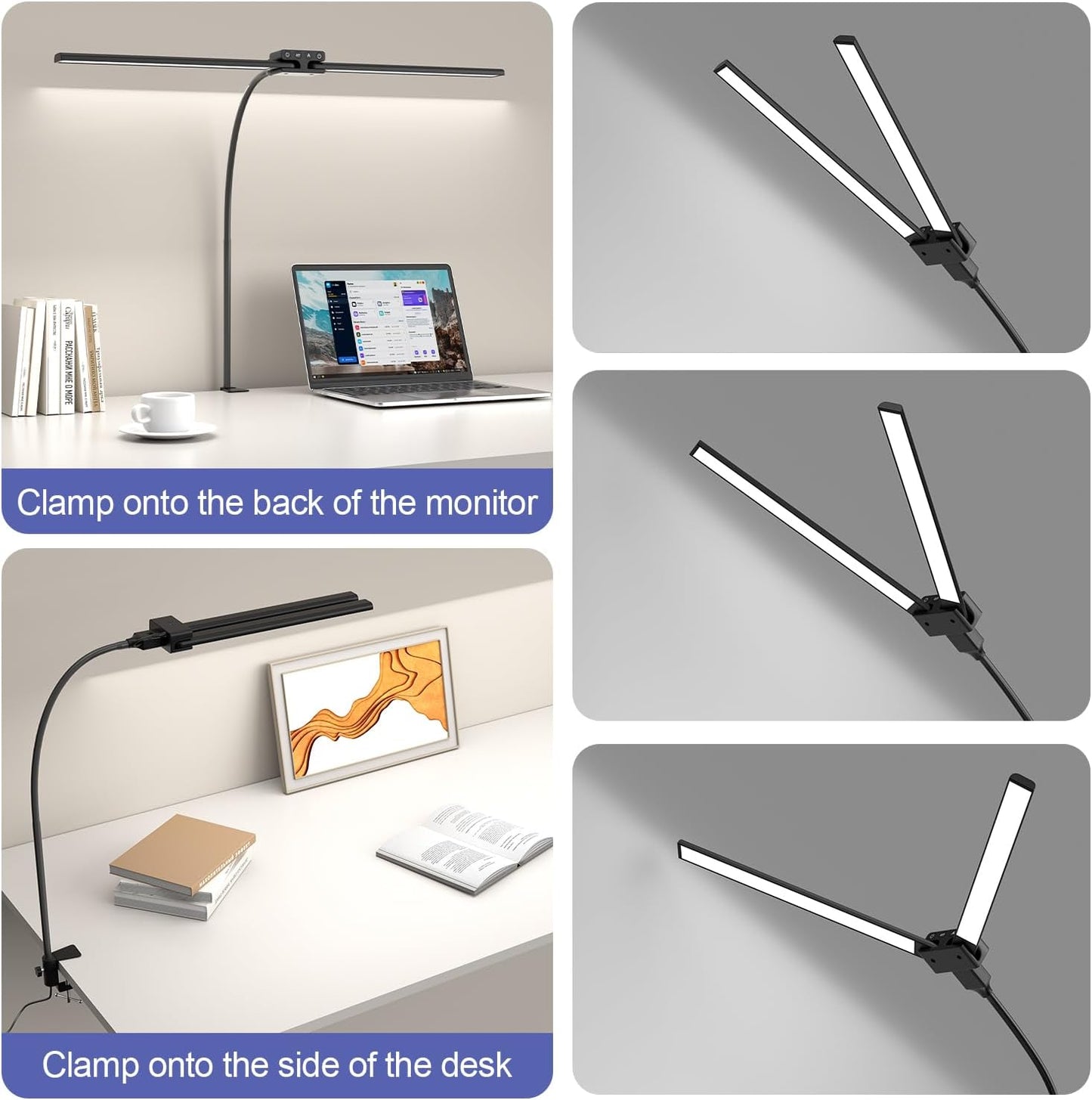 24W Led Desk Lamps with Clamp for Office Home, 31.5-in Double Head, Black | Dual Screen Computer Monitor Desk