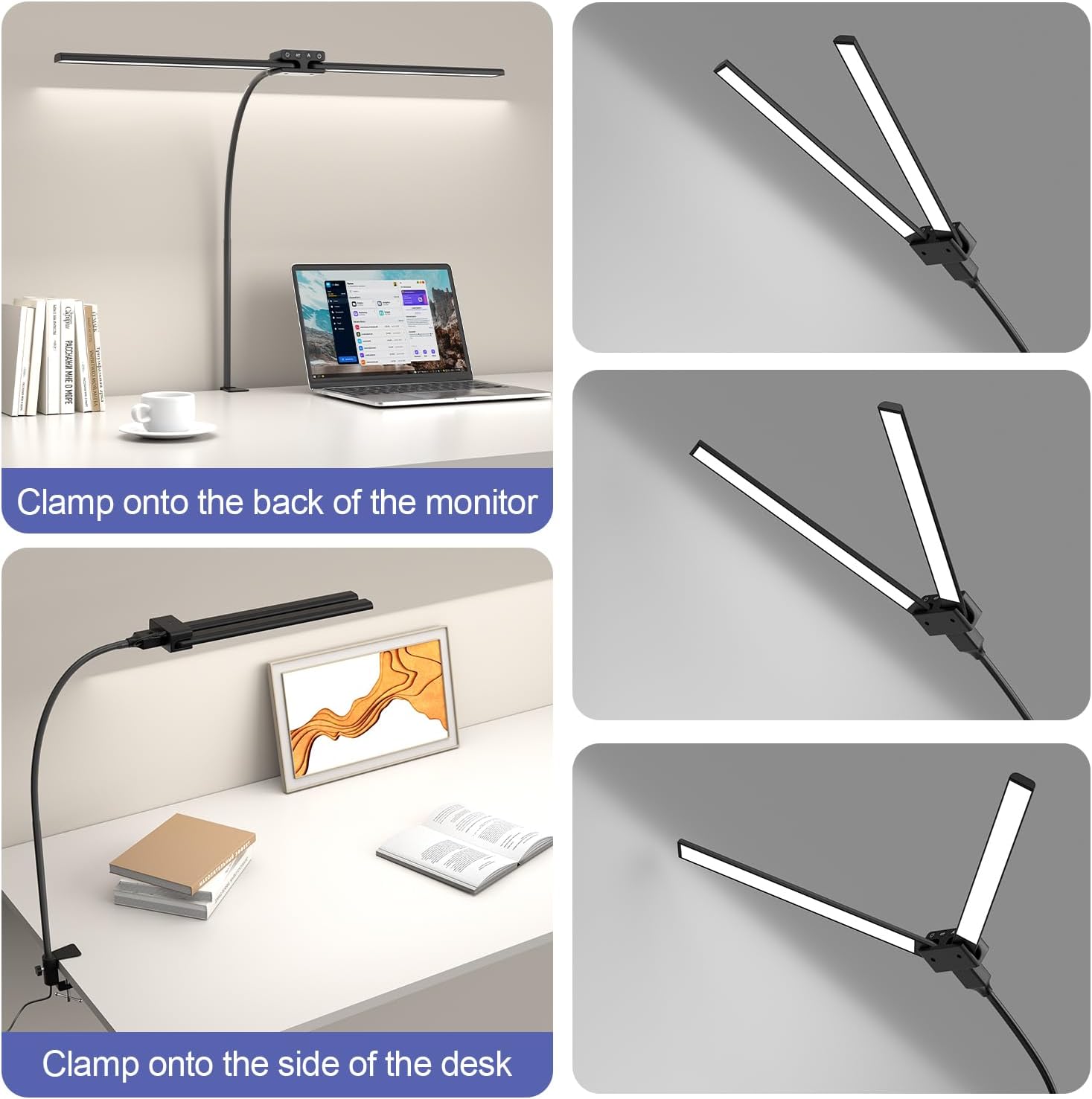 24W Led Desk Lamps with Clamp for Office Home, 31.5-in Double Head, Black | Dual Screen Computer Monitor Desk