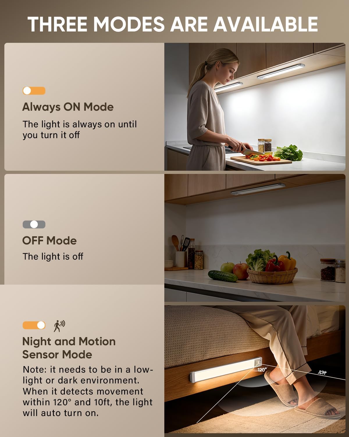 MCGOR 14.7inch Under Cabinet Lighting, Wireless Motion Sensor Light,5 Pack | 3 Color Temps, Rechargeable, 2200mAh