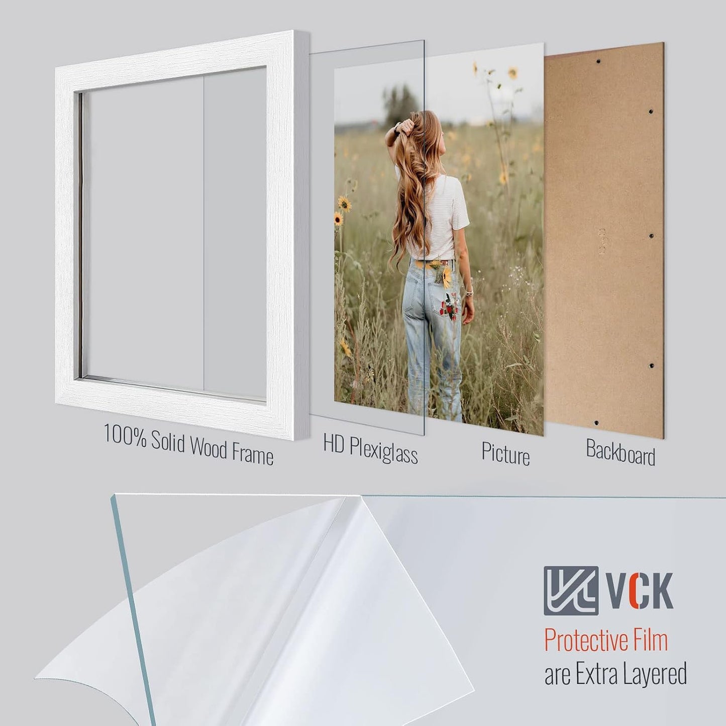 VCK 8x10 Picture Frame White 4 Pack, Wide Thick Wood Border, for Photo | Exclusive Woodgrain, Wall/Tabletop, HD