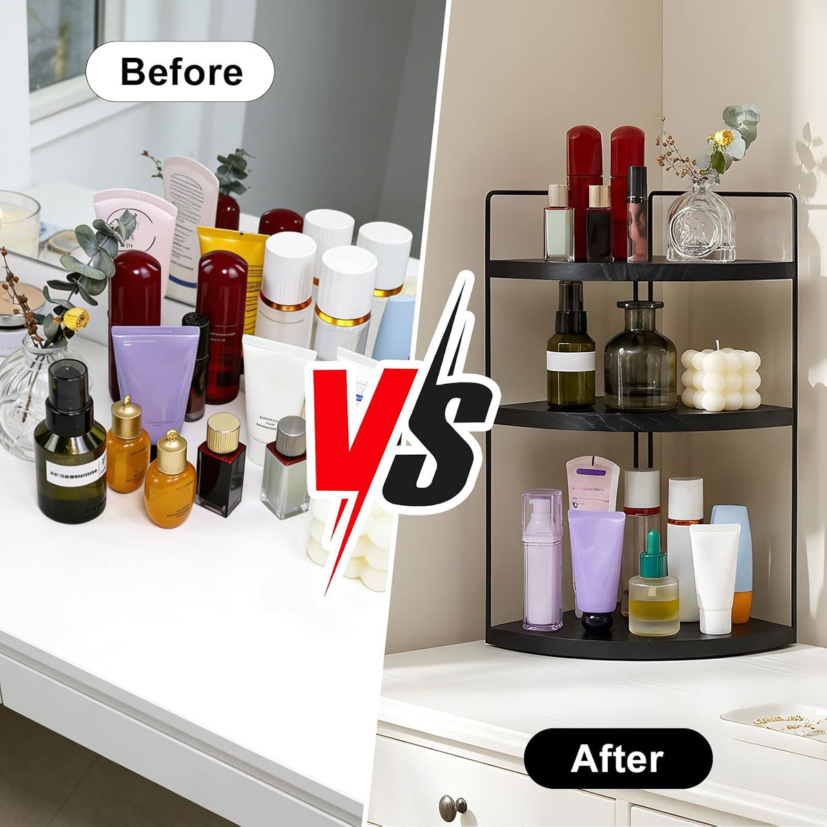 Corner Bathroom Counter Organizer Countertop Black, 2 Pack 3 Tier Corner Shelf Wood Vanity Tray Easy Assembly Space