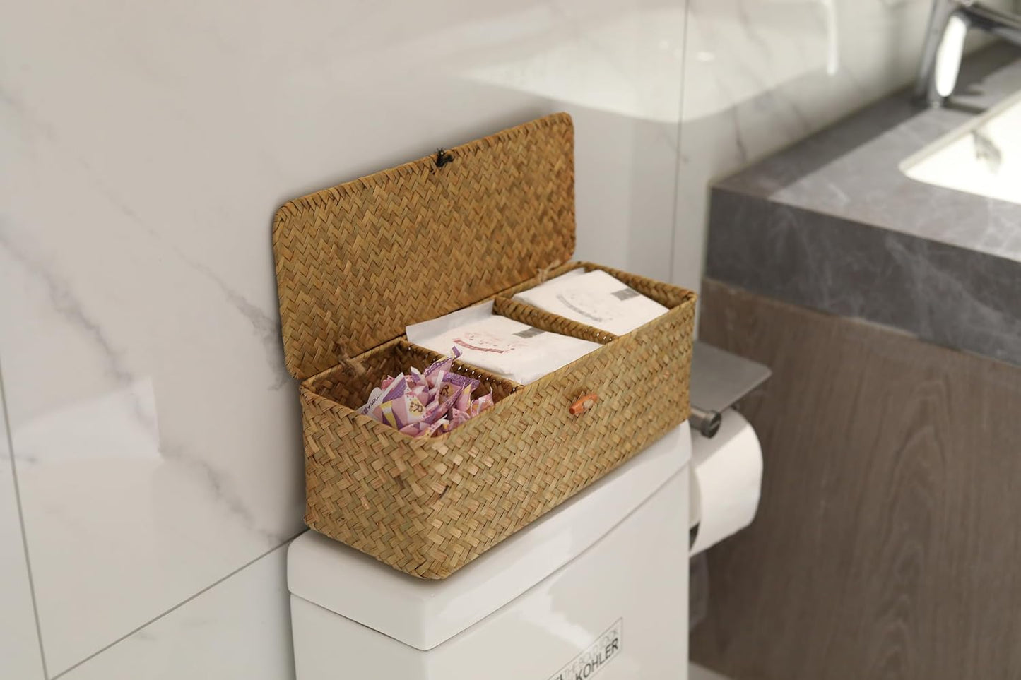 Seagrass Woven Storage Basket / 3 Section with Lid