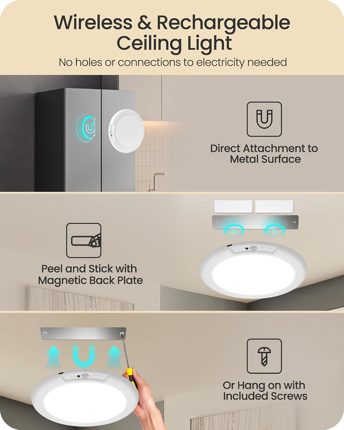 4 Pack Rechargeable Motion Sensor Ceiling Lights with Remote, Wireless Ceiling Light Battery Operated, Magnetic, 3CCT